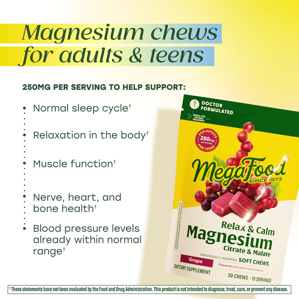 MegaFood Relax + Calm Magnesium Complex with Magnesium Citrate & Malate for Heart Health, Muscle Tension & More – Doctor Formulated - Vegetarian – Grape Flavor - 30 Soft Chews (15 Servings) MegaFoodBuy Supplements Australia