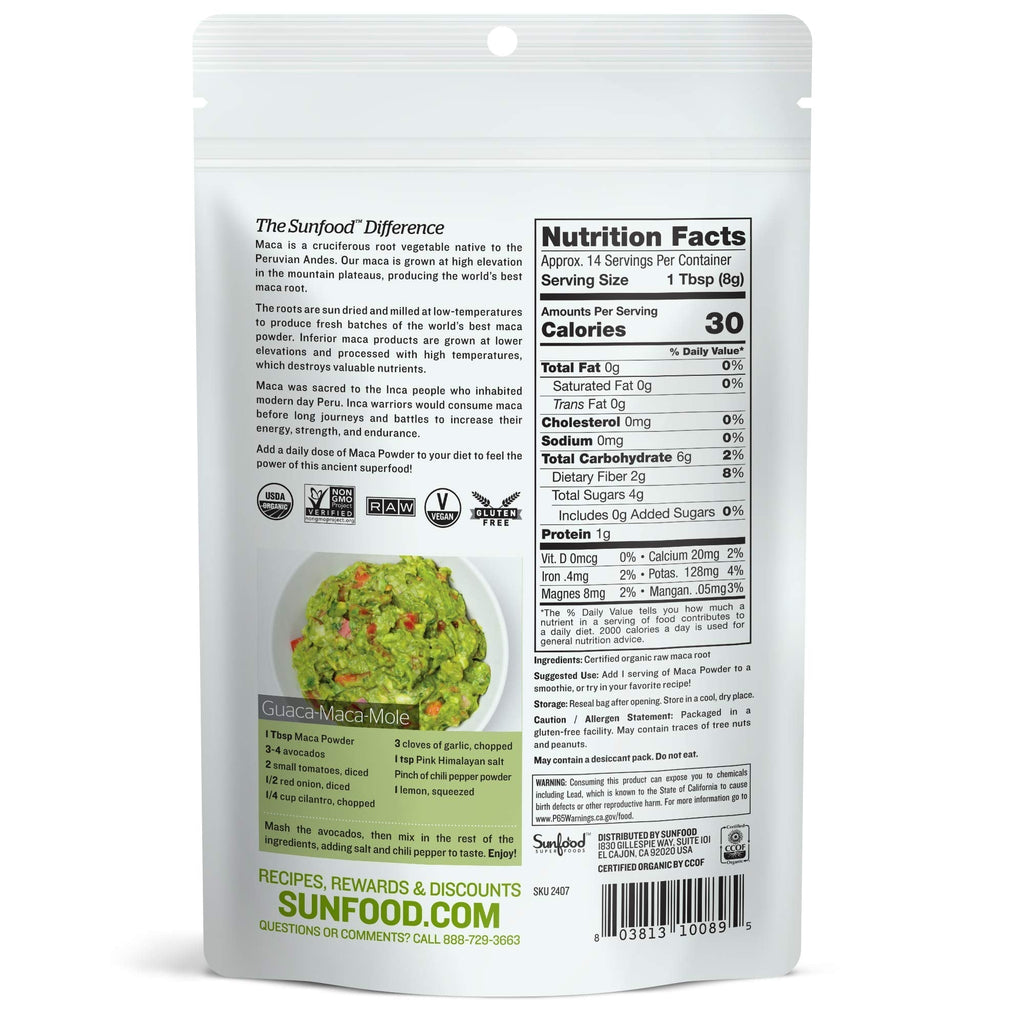 Sunfood Organic Maca Powder - Maca Root Powder, Maca Powder Organic, Maca Supplement for Men & Women with Adaptogens, Peruvian, Raw, Vegan, Premium Maca Powder - 4 Oz Bag Sunfood SuperfoodsBuy Supplements Australia