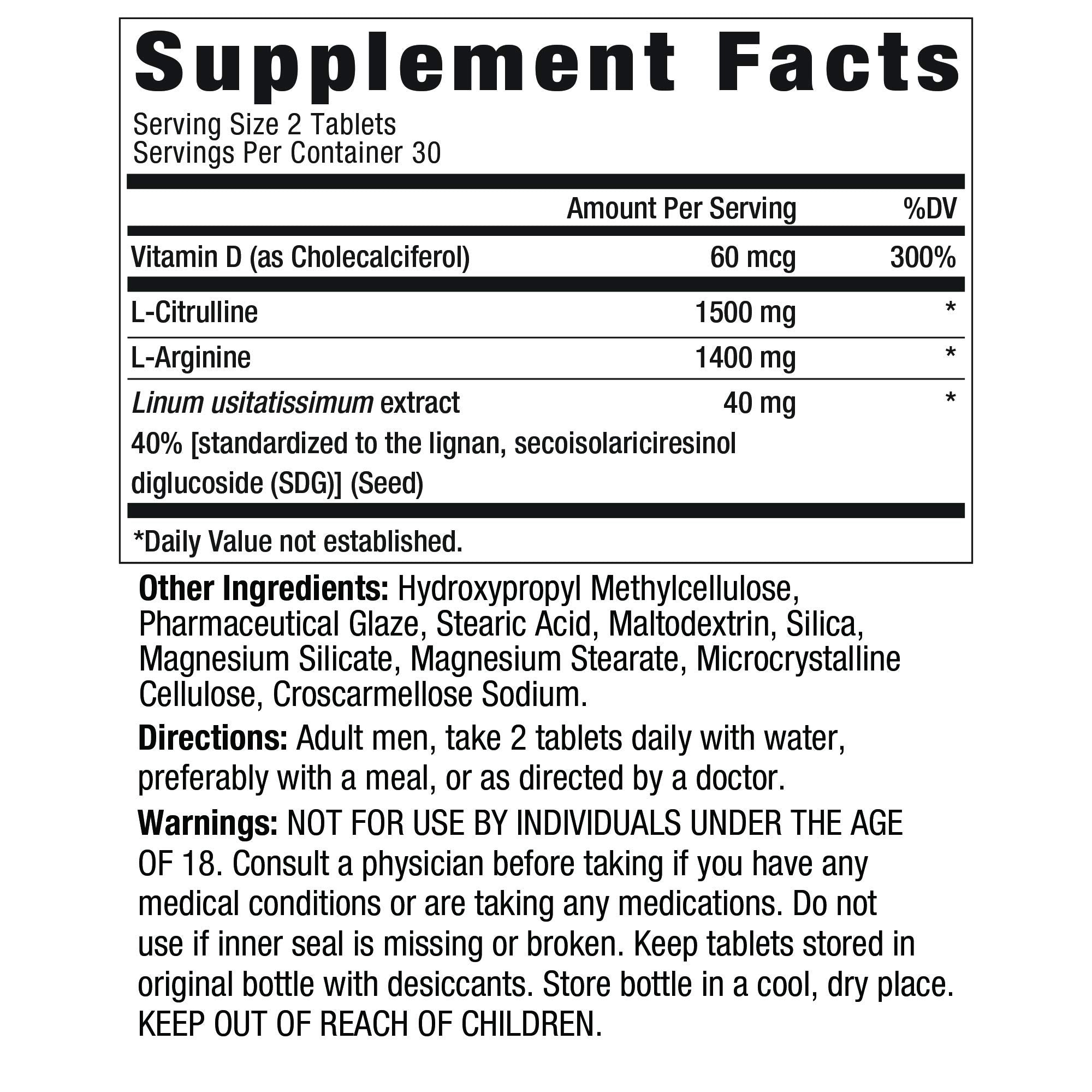 Ageless Male Performance Nitric Oxide Booster for Men - Promote Blood Circulation, Arousal, Energy Production, Drive, Stamina, Health Supplement (60 Tablets, 1 Bottle)