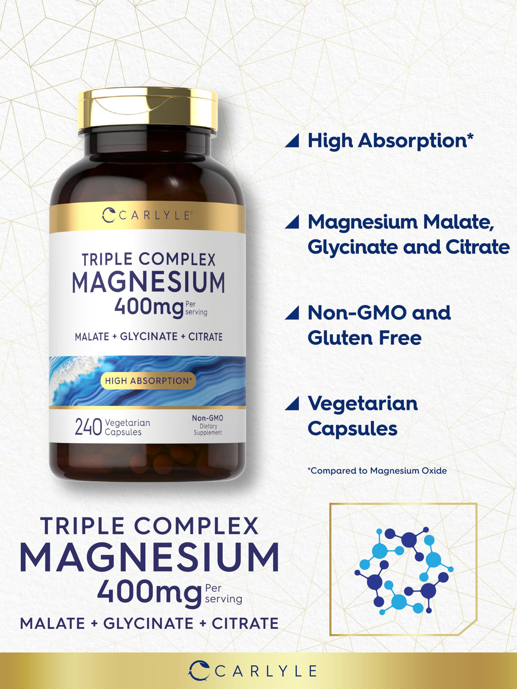 Carlyle Triple Magnesium Complex | 400 mg | 240 Capsules | Magnesium Malate, Glycinate & Citrate | Vegetarian, Non-GMO, and Gluten Free Supplement Carlyle buy supplements Au