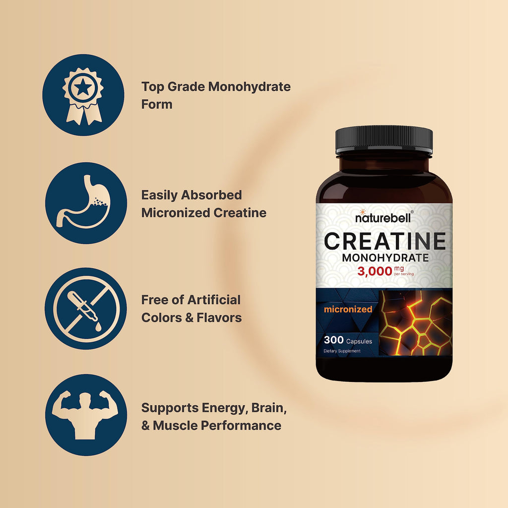 Creatine Monohydrate Capsules 3,000mg Per Serving, 300 Count | Micronized, Unflavored Creatine Pills | Pre-Workout & Muscle Strength Support | Easy to Swallow, Filler-Free | 50 Servings NatureBellBuy Supplements Australia