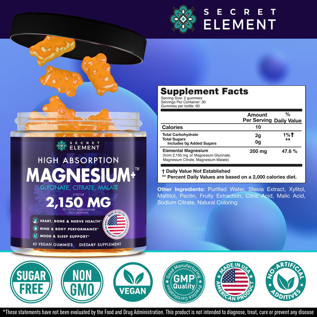 Magnesium Glycinate 2150MG Gummies for Women and Men, High Absorption Magnesium Glycinate, Citrate, Malate Gummies for Adults & Kids, Sleep Support, Sugar Free, Vegan, 60 Chews, Orange Secret ElementBuy Supplements Australia