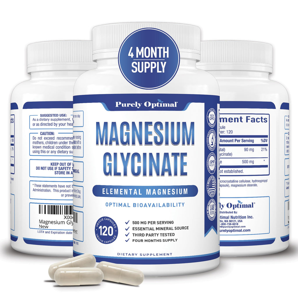 Purely Optimal Magnesium Glycinate 500mg – Sleep Support & Stress Relief – Gentle, High Absorption Magnesium Supplement for Muscle Relaxation, Calm & Nerve Support – 120 Capsules Purely OptimalBuy Supplements Australia
