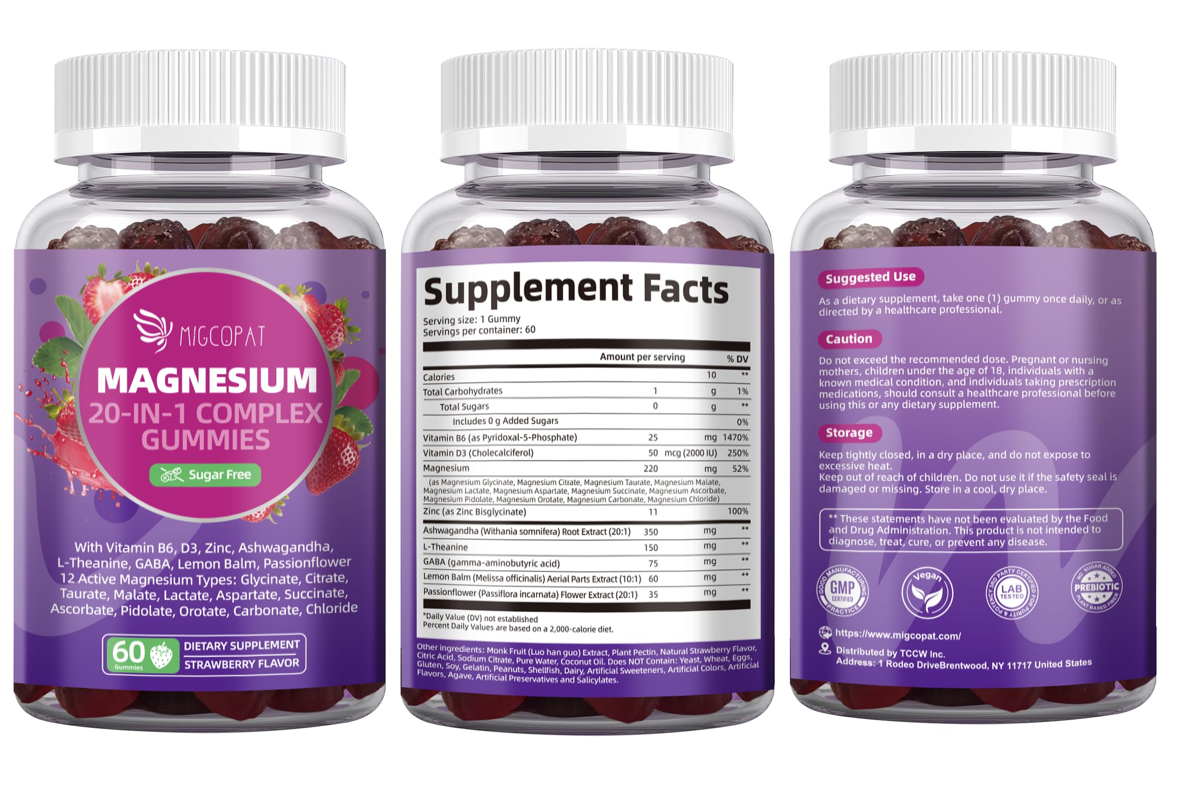 Migcopat Magnesium Complex Gummies, 20 in 1 Magnesium Gummy with Glycinate Citrate Malate Taurate - Ashwagandha, L-Theanine, D3&Zinc for Relaxation,