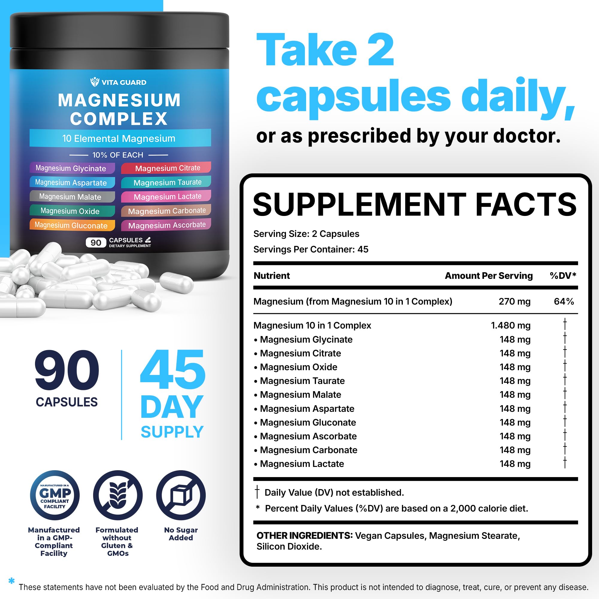 Vita Guard Magnesium Complex 1480mg – 10-in-1 with Glycinate, Citrate, Malate & More – High Absorption – Sleep, Muscle, Nerve & Heart Support – 90 Vegan Capsules – Non-GMO, Gluten-Free, No Sugar Vita Guard buy supplements Au
