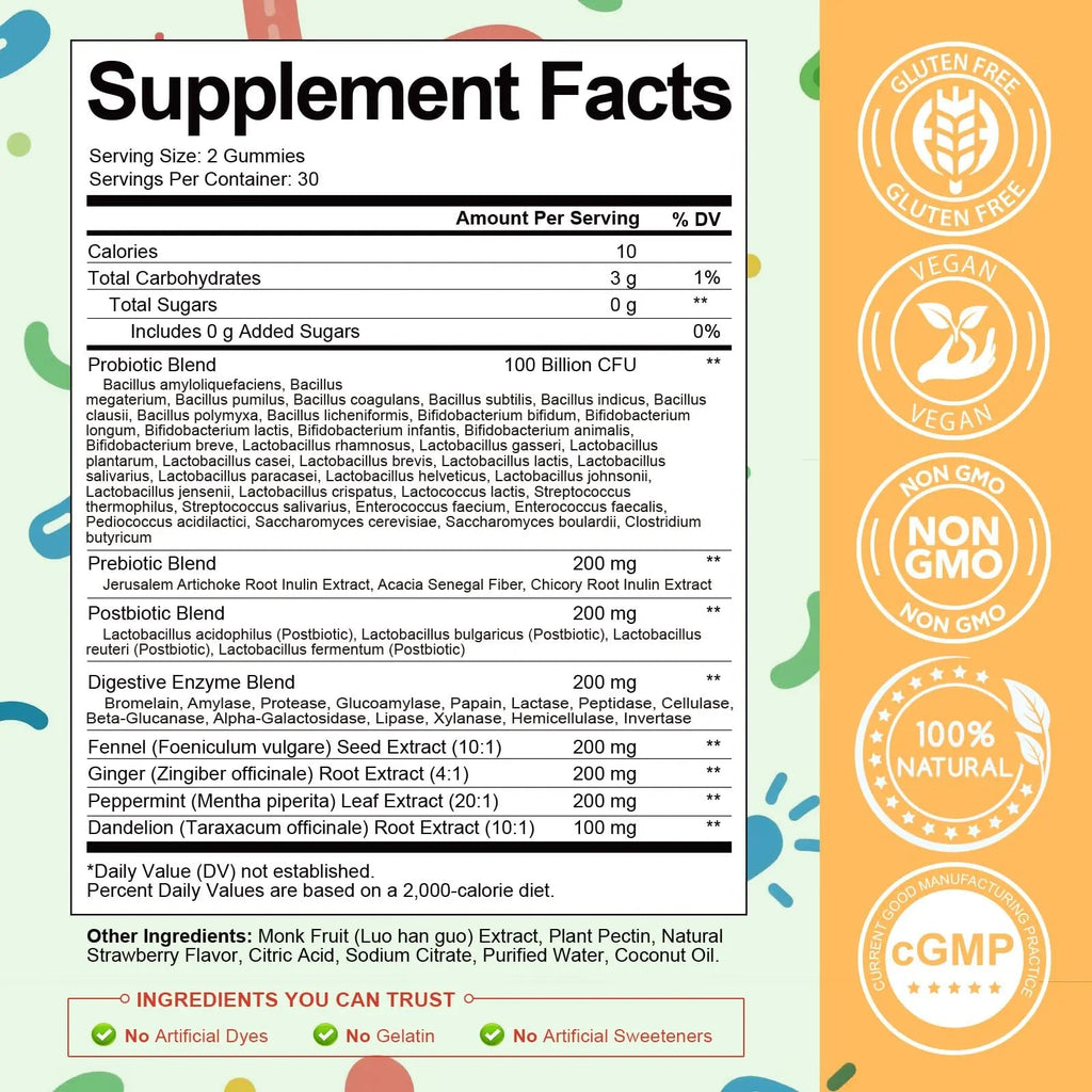 (2 Packs) Totaria Sugar Free 5-in-1 Probiotic Prebiotic Postbiotic Gummy, Probiotics for Women Men with Digestive Enzymes, Peppermint, Complete Immune, Gut & Digestive Support, Vegan Strawberry Flavor TotariaBuy Supplements Australia