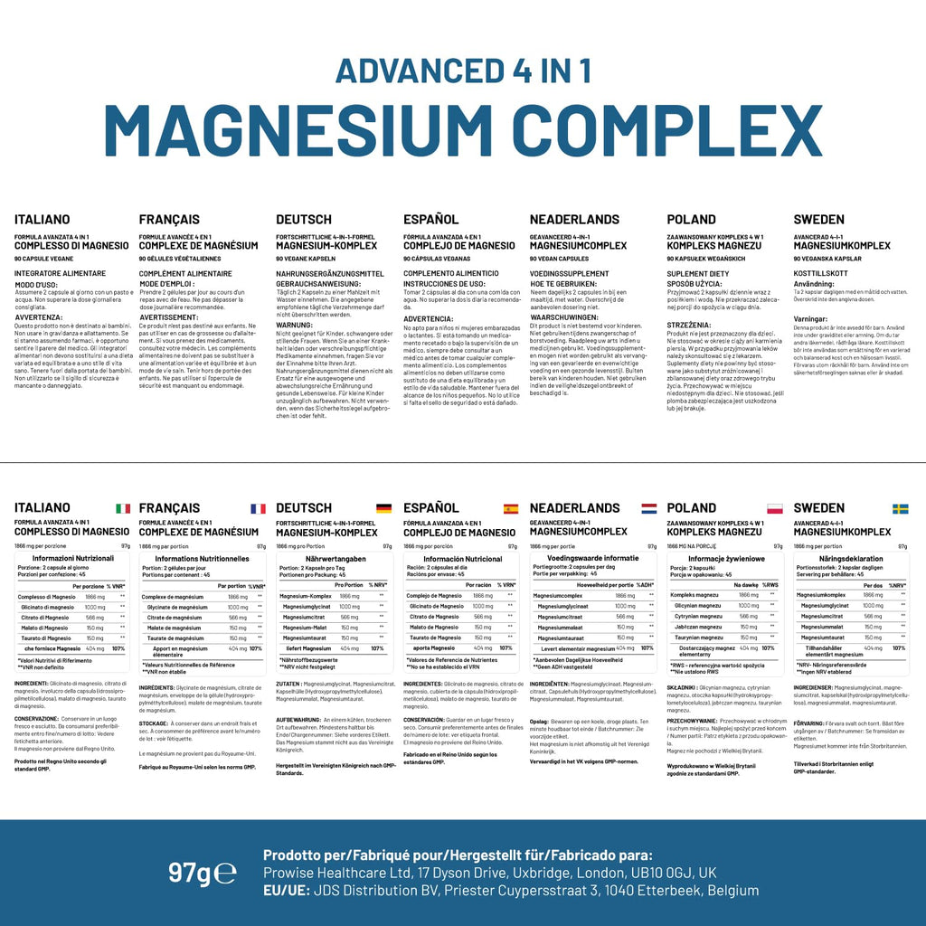 Magnesium Glycinate Complex 4 in 1-1866mg per Serving | Precise 404mg Elemental Magnesium dose | Added Magnesium Glycinate, Citrate, Malate & Taurate | 90 Vegan Capsules - by Prowise PH PROWISE Healthcare buy supplements Au