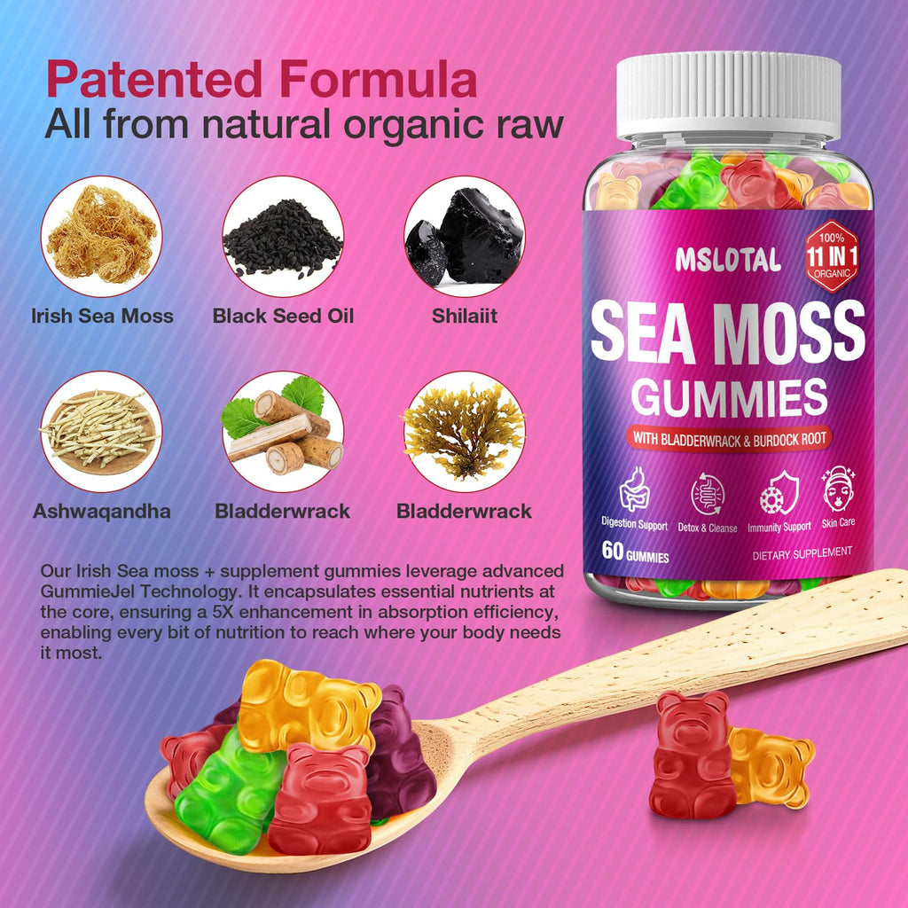 MSLOTAL Irish Sea Moss Gummies with Ashwagandha Bladderwrack and Burdock Root - Natural Irish Seamoss Supplement for Thyroid, Energy, Immune Support - 60 Vegan Gummy MSLOTAL buy supplements Au