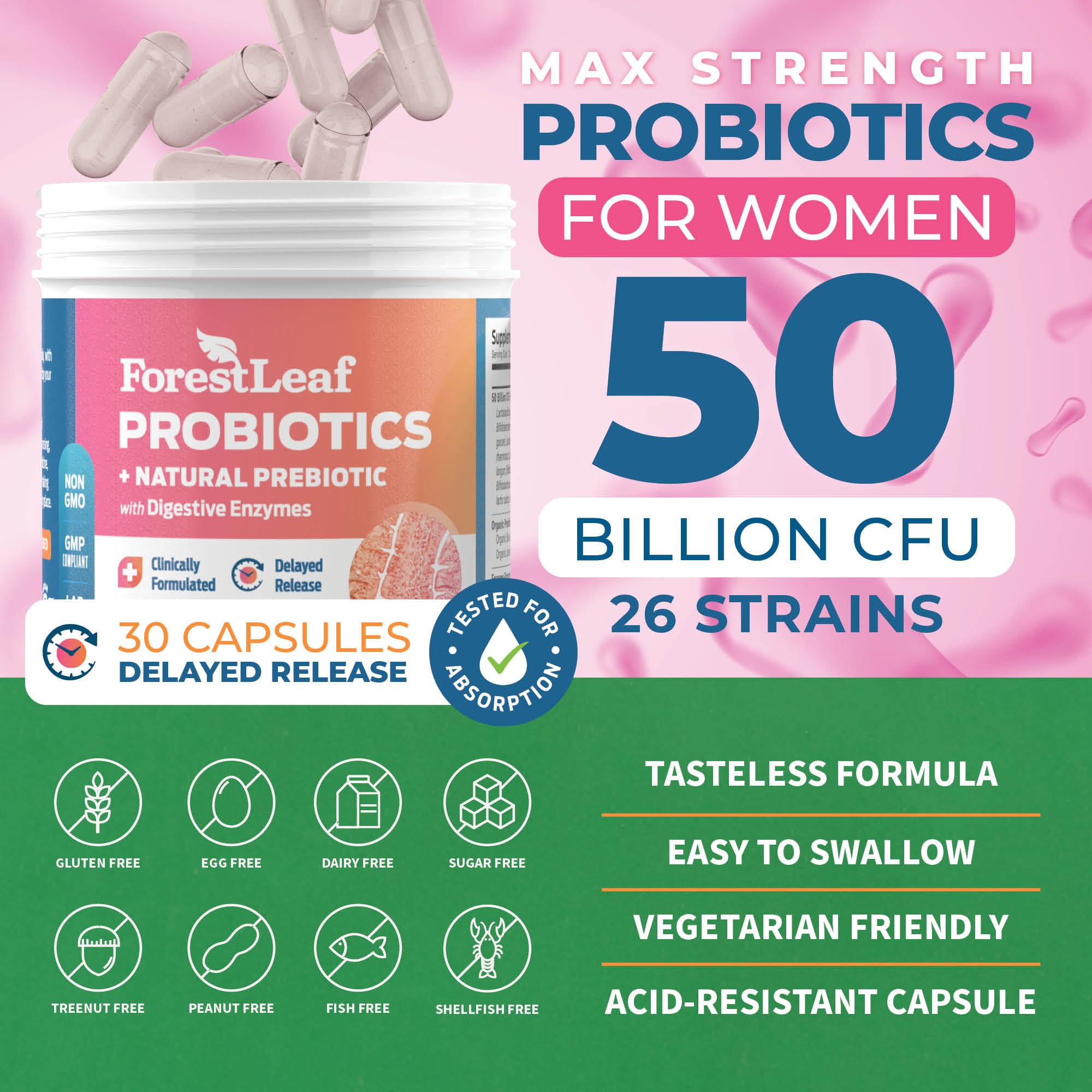 ForestLeaf Womens Probiotic 50 Billion CFU with Organic Prebiotics, Digestive Enzymes ForestLeafBuy Supplements Australia