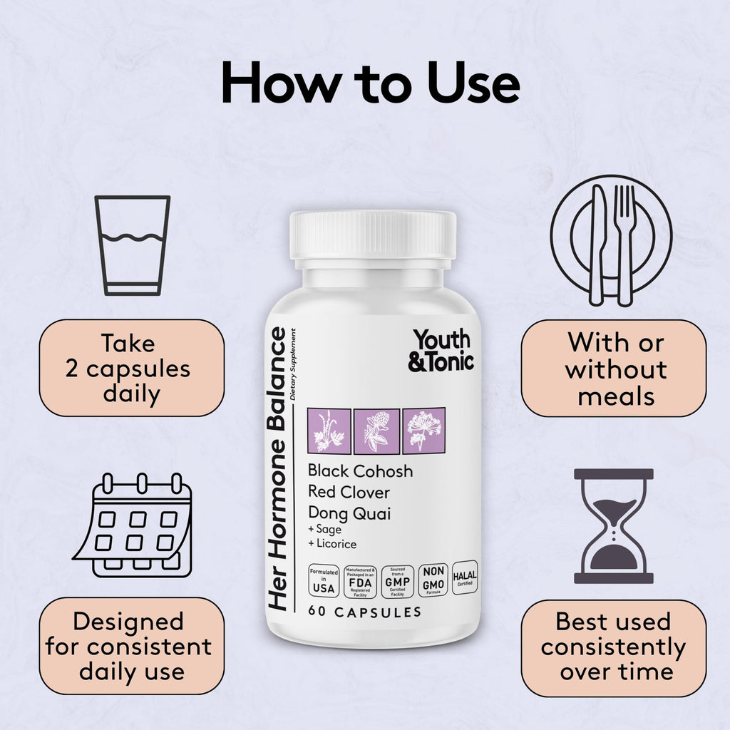 Youth & Tonic Her Hormone Balance – Menopause Supplement for Women, Perimenopause Support, Non-Hormonal Herbal Formula with Black Cohosh for Hot Flashes & Night Sweats, 60 Capsules Youth & TonicBuy Supplements Australia