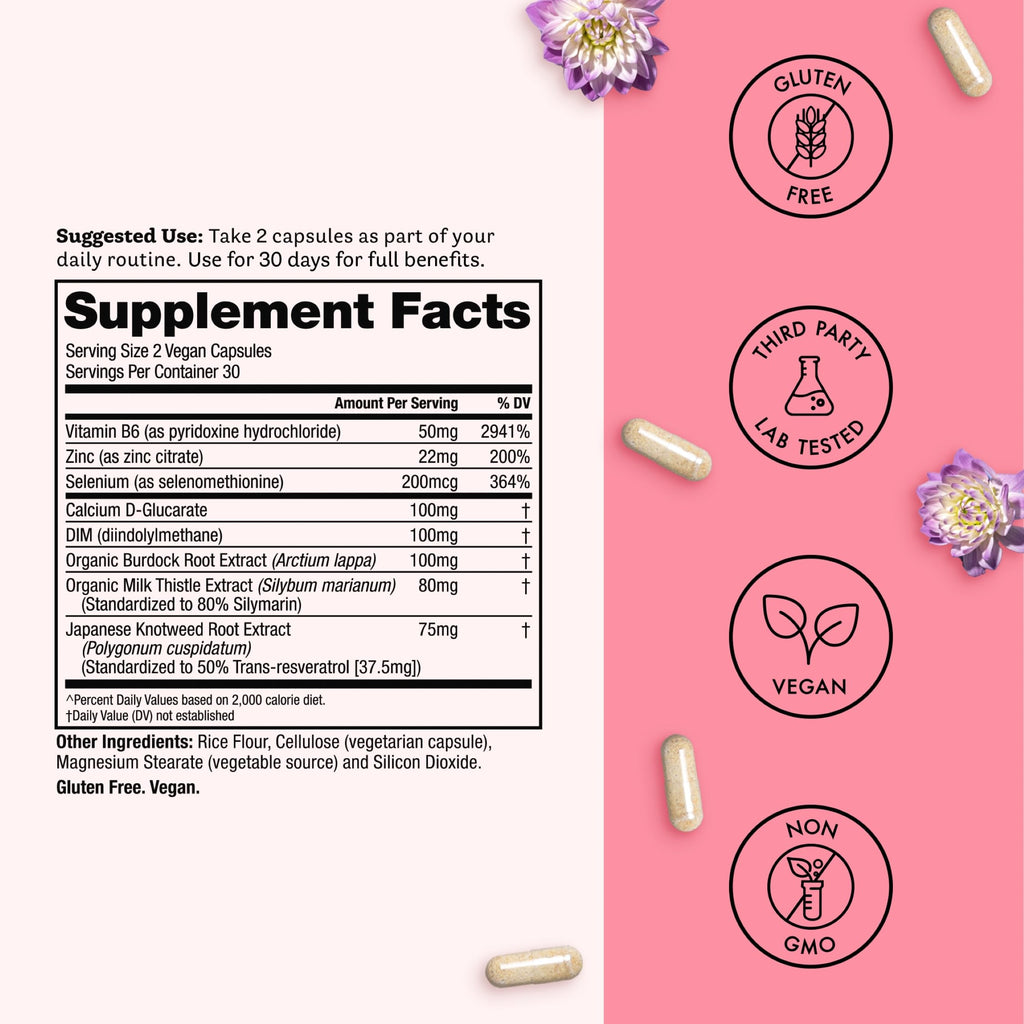 Winged Wellness Balance Babe, Hormone Balance & Estrogen Detox Supplement for Women - 100mg DIM & Calcium D-Glucarate & Milk Thistle for PMS Bloating, Cramps, Mood & Hormonal Acne Support, 60 Capsules Winged WellnessBuy Supplements Australia