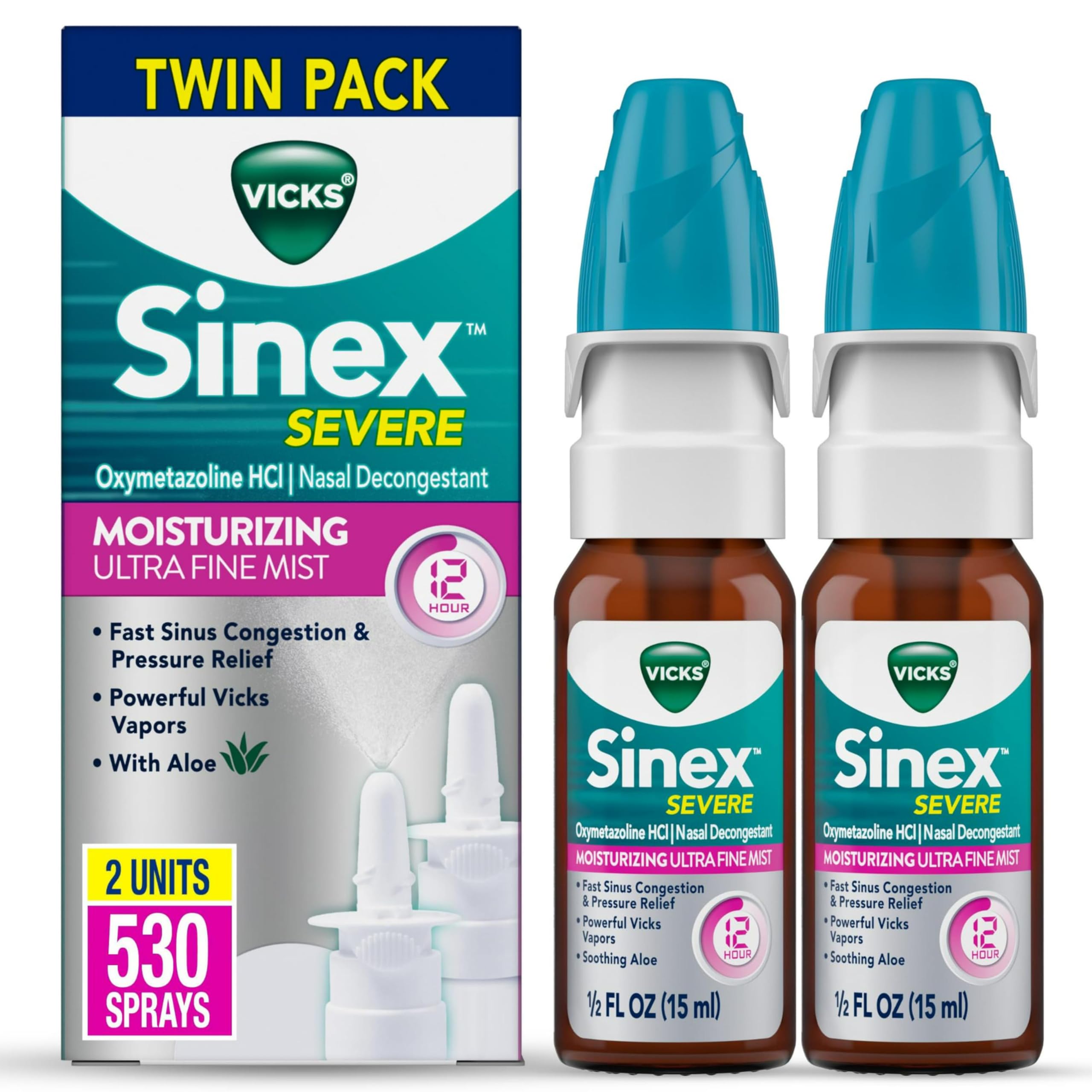 Vicks Sinex Severe Nasal Spray, Moisturizing Ultra Fine Mist with Aloe, Decongestant Medicine, Relief from Stuffy Nose Due to Cold or Allergy, Nasal Congestion & Sinus Pressure Relief, 265 Sprays x 2 Vicks buy supplements Au