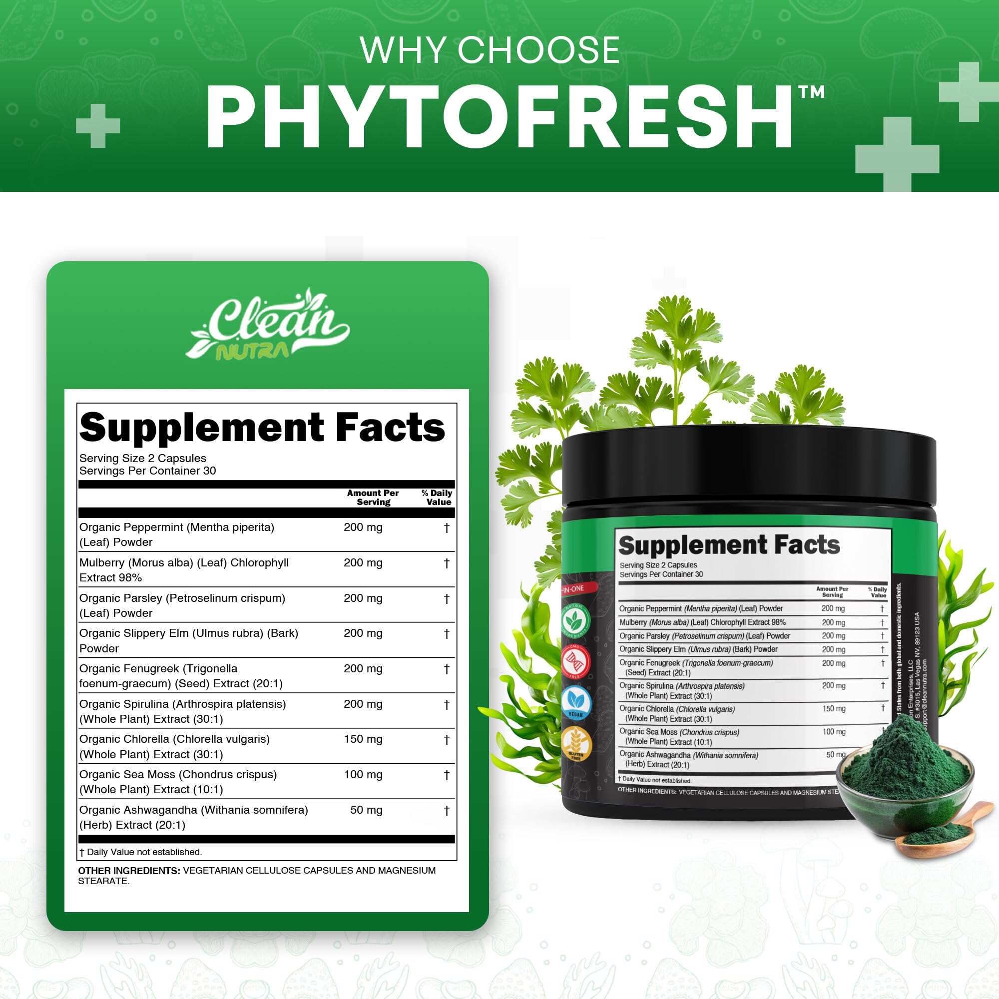Clean Nutra Chlorophyll Capsules Supplement Internal Deodorant Peppermint, Sea Moss, Parsley, Chlorella, Spirulina, Slippery Elm, Ashwagandha, PhytoFresh Greens Detox Pills Clean NutraceuticalsBuy Supplements Australia