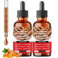 Two bottles of Dedica Turmeric Ginger Cinnamon Vitamin K2+D3 liquid drops with a dropper and turmeric roots on a white background.