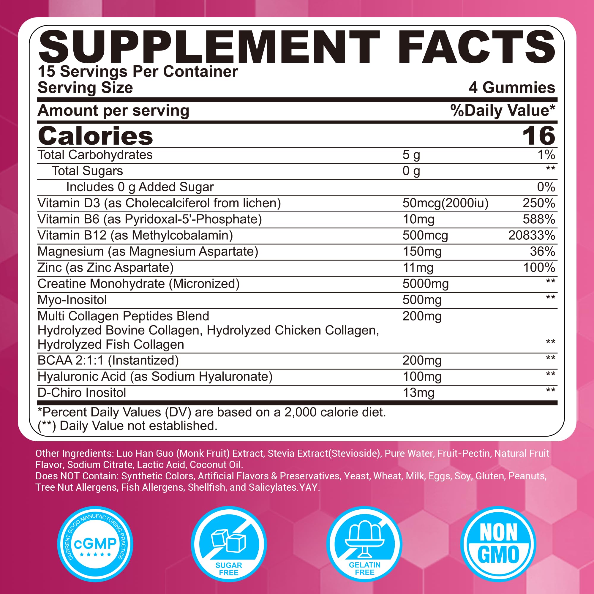 Creatine for Women Gummies, Micronized Creatine Monohydrate + Myo-Inositol, Collagen Peptides, BCAAs, Hyaluronic Acid, Vitamin B6 B12, Zinc for Enërgy, Föcus, Hörmonal Balance, Sugar Free, 120 Counts LILICAREBuy Supplements Australia