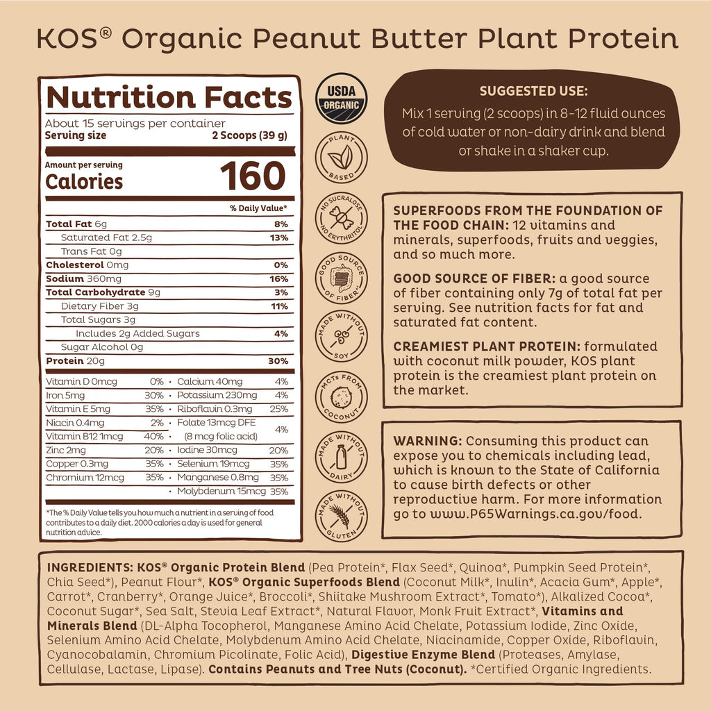 KOS Organic Plant Based Protein Powder, Chocolate Peanut Butter - Delicious Vegan Protein Powder - Keto Friendly, Gluten Free, Dairy Free & Soy Free - 15 Servings KOS buy supplements Au