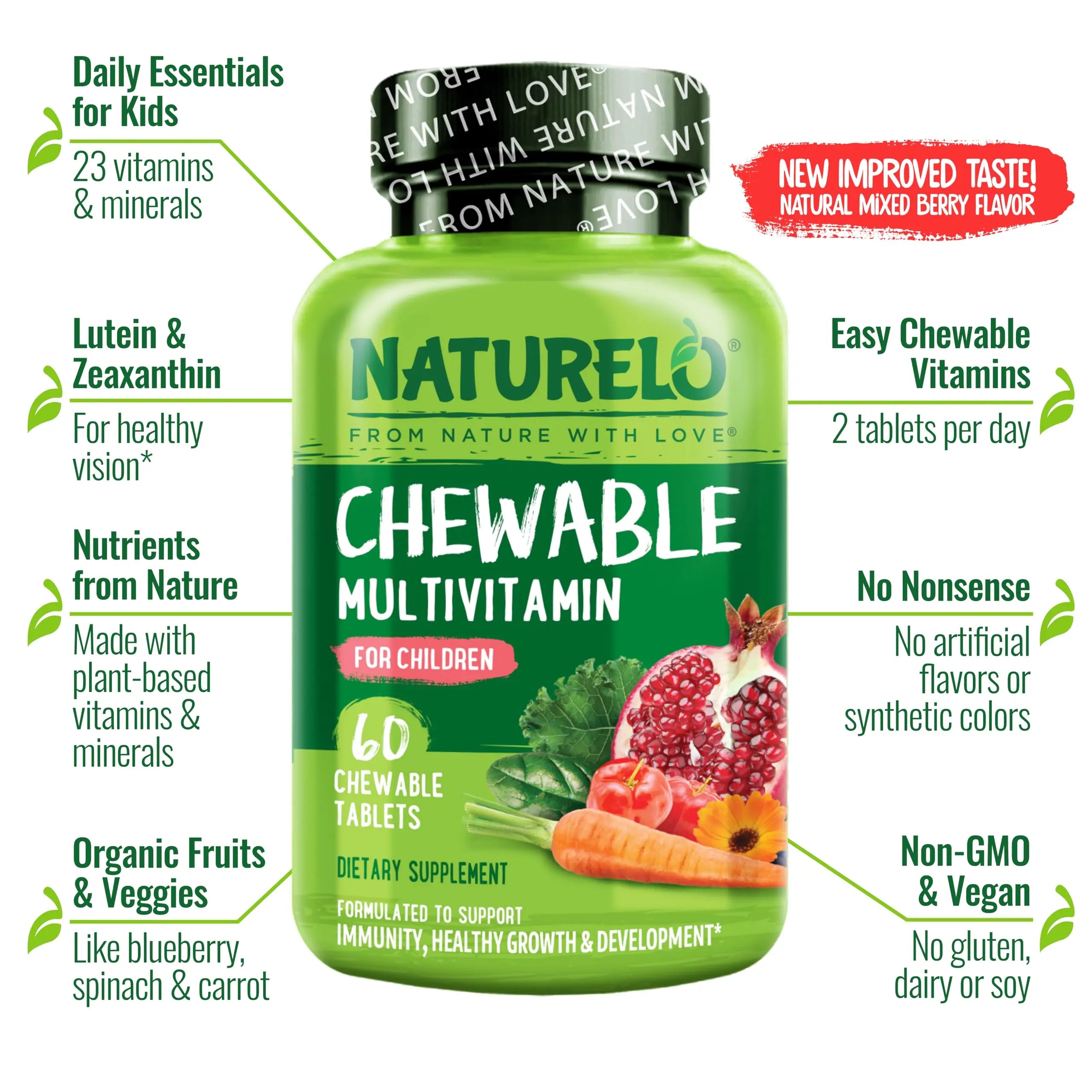 NATURELO Chewable Vitamin for Kids Multivitamin with Whole Food Organic Fruit Blend - 60 Tablets for Children NATURELO