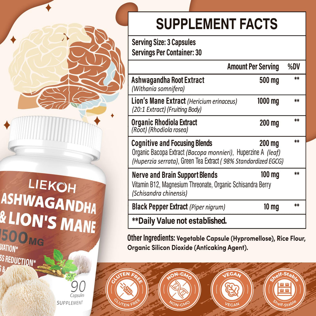 Liekoh Ashwagandha & Lions Mane Supplement Capsules, Brain Supplements for Memory and Focus, Ashwagandha Supplement with Rhodiola & Black Peppe, Cortisol Supplements for Women & Men,90 Caps LiekohBuy Supplements Australia