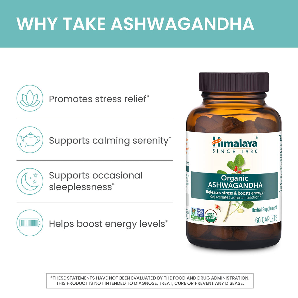 Himalaya Organic Ashwagandha Root - Adrenal Support, Stress Relief, Vegan, Non-GMO - 670 mg, 60 Caplets HimalayaBuy Supplements Australia