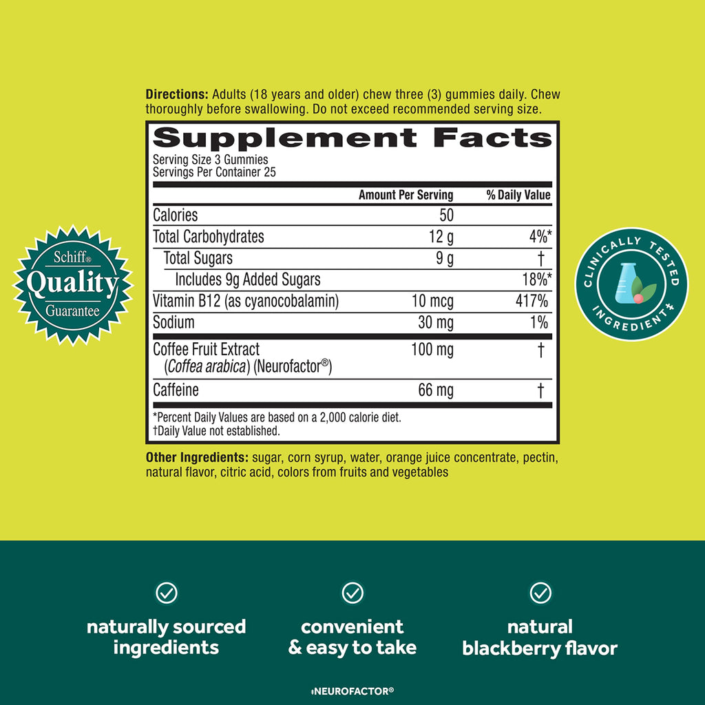 NEURIVA Brain + Energy Gummies, Nootropic Brain Supplements for Focus and Concentration with Neurofactor, Vitamin B12 & Caffeine for an Energy Boost*, 75ct Natural BlackBerry NEURIVABuy Supplements Australia