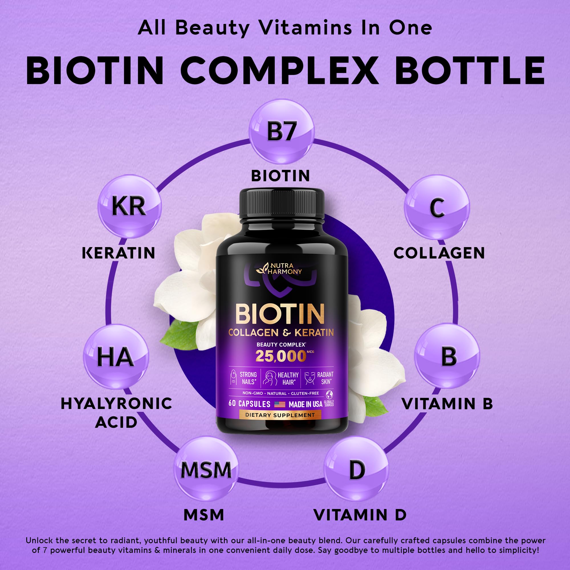 Biotin | Collagen | Keratin | Hyaluronic Acid - Hair Growth Support Pills, 25000 mcg NUTRAHARMONYBuy Supplements Australia