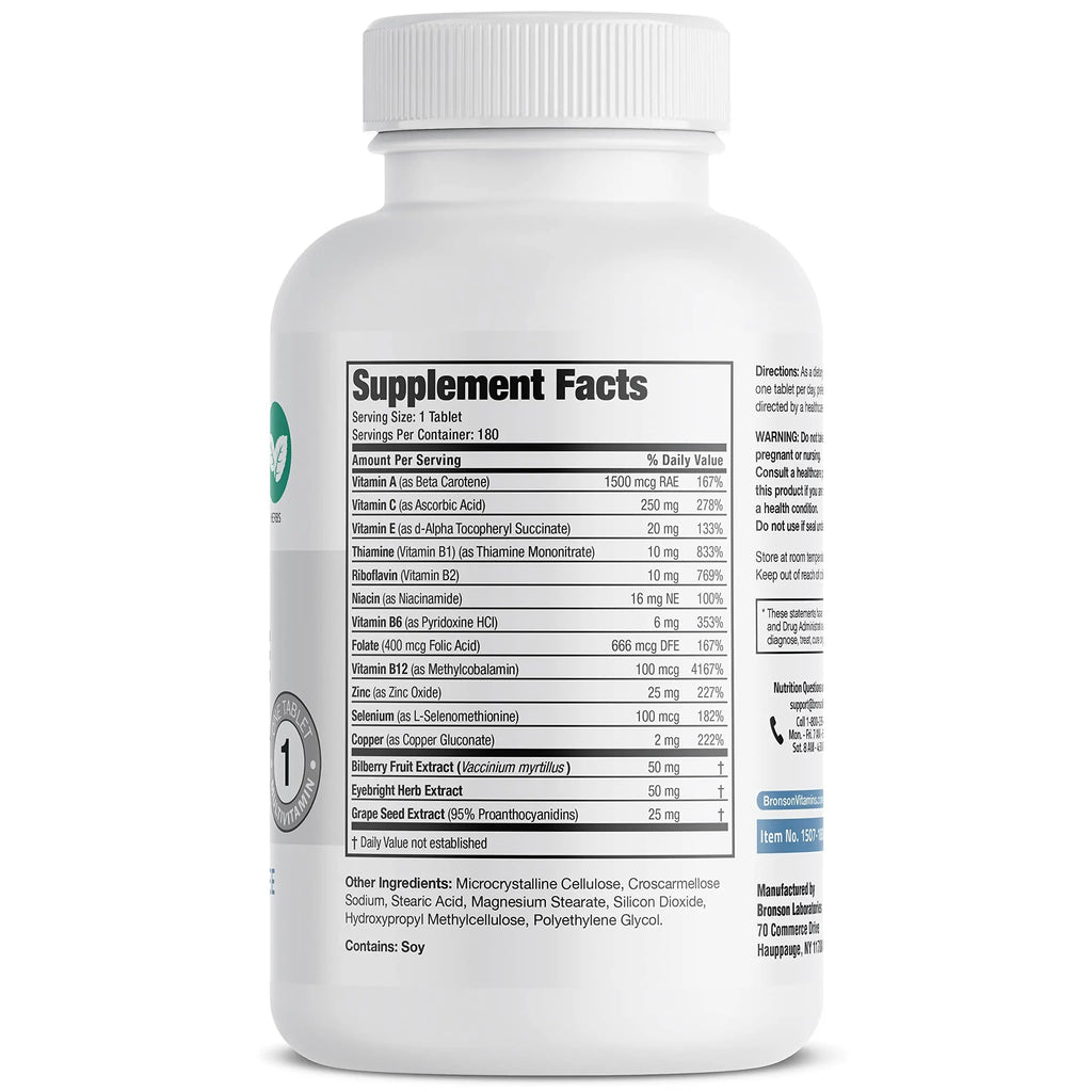 Bronson ONE Daily Vision Complete Eye Health Support Multivitamin Multimineral Supplement Formula, 180 Tablets Bronson