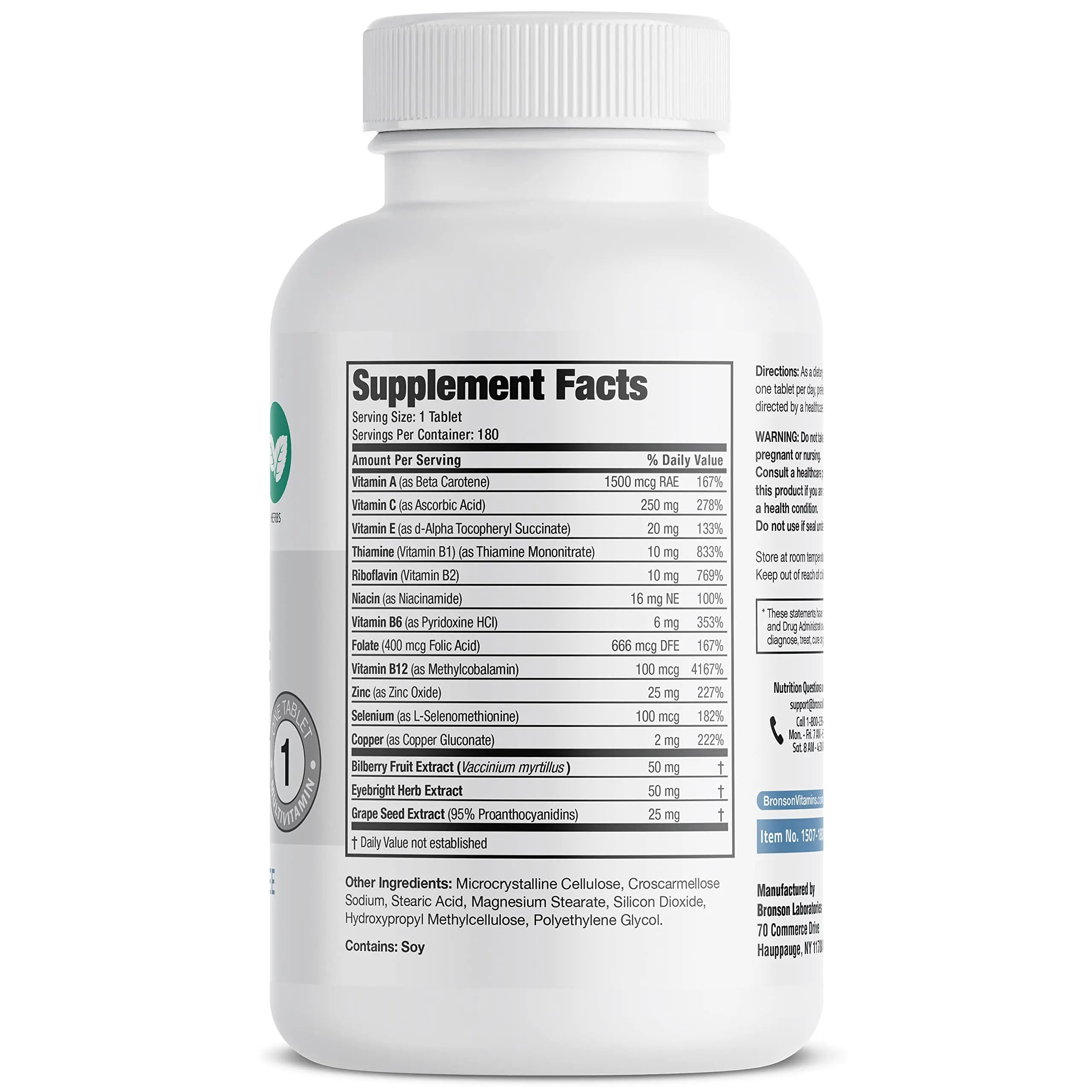 Bronson ONE Daily Vision Complete Eye Health Support Multivitamin Multimineral Supplement Formula, 180 Tablets Bronson