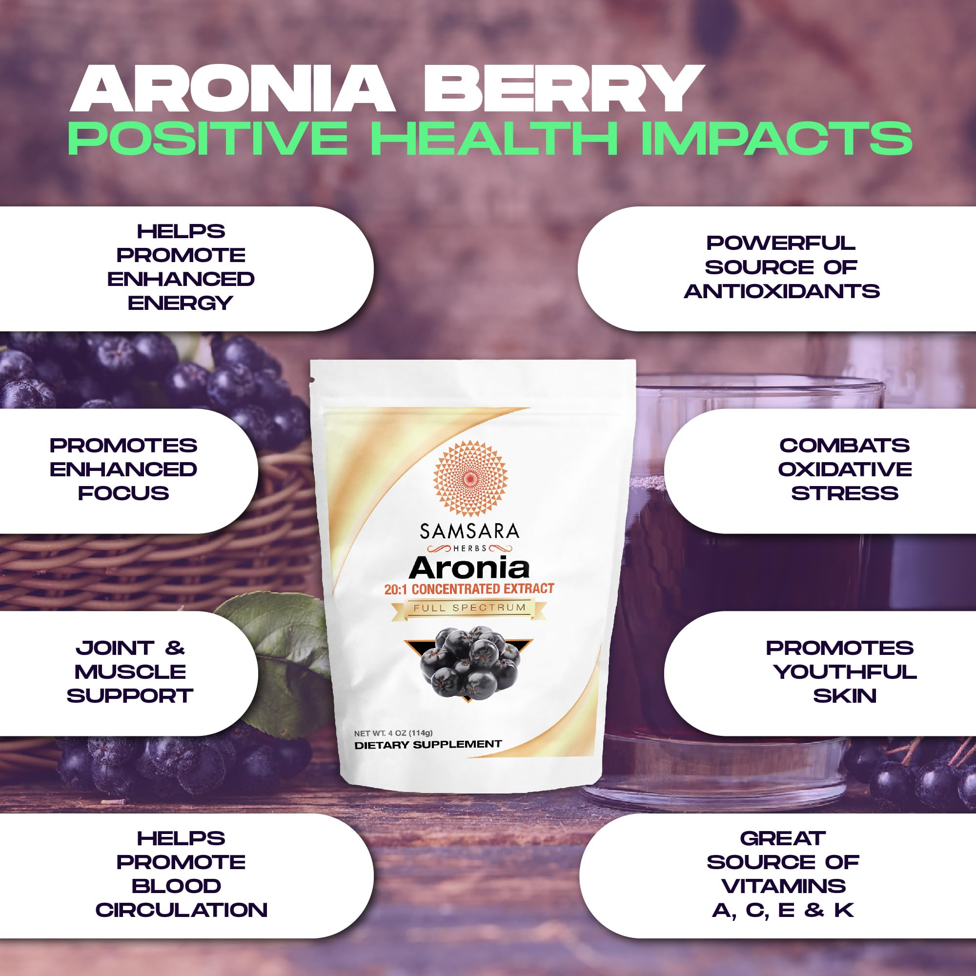 Samsara Herbs Aronia Berry 20:1 Extract Powder (16oz/454g) - Antioxidant, Flavonoids and Polyphenols Supplement - High ORAC - Native American Berry - Improved Wellbeing Samsara HerbsBuy Supplements Australia