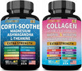 Two supplement bottles labeled 'Corti-Soothe' and 'Collagen' on a white background.