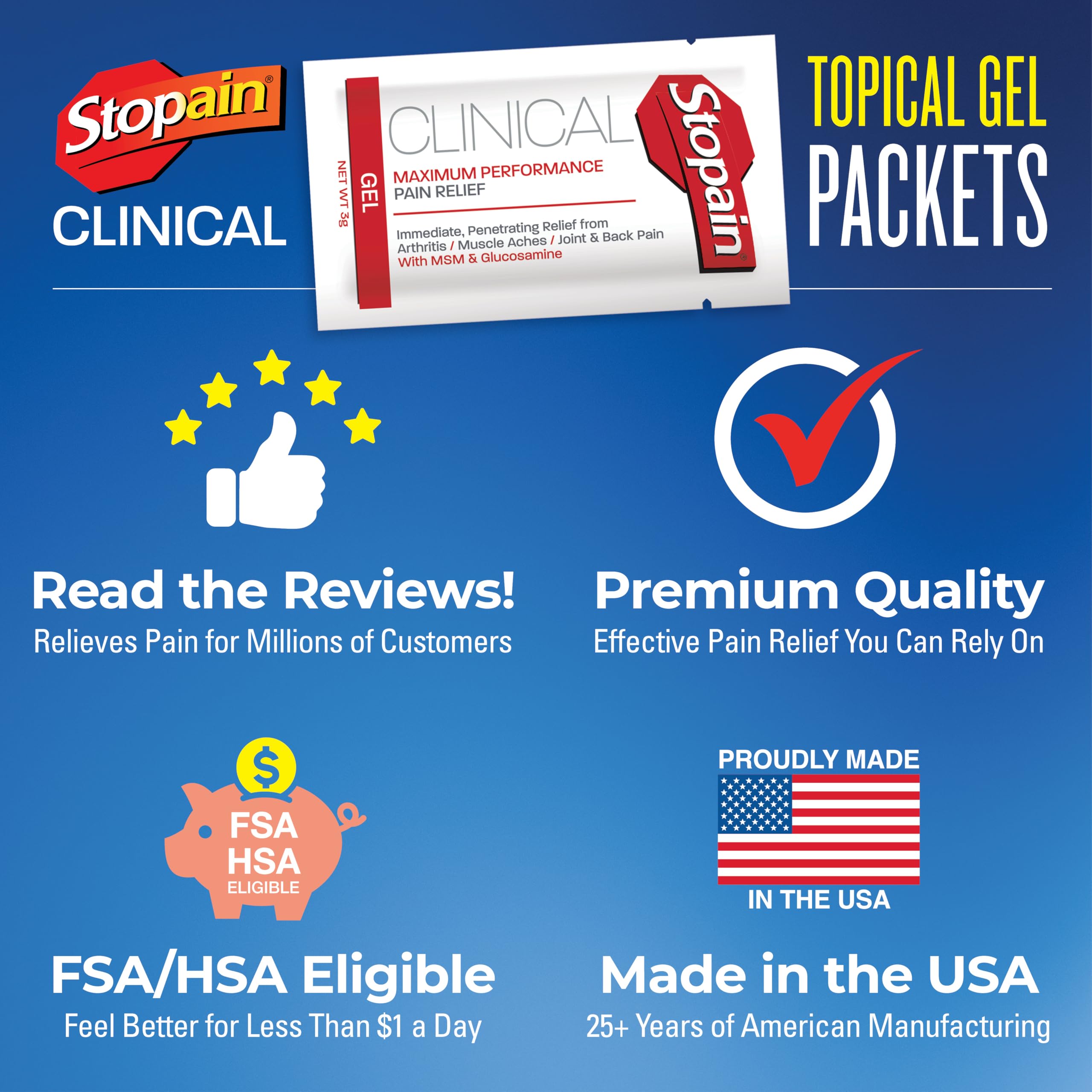 Stopain Pain Relief Clinical Gel Packets, Made in USA, Maximum Performance Pain Relief with 10% Menthol Plus Glucosamine for Muscle Aches, Joint Pain, and Arthritis (100 Pack) StopainBuy Supplements Australia