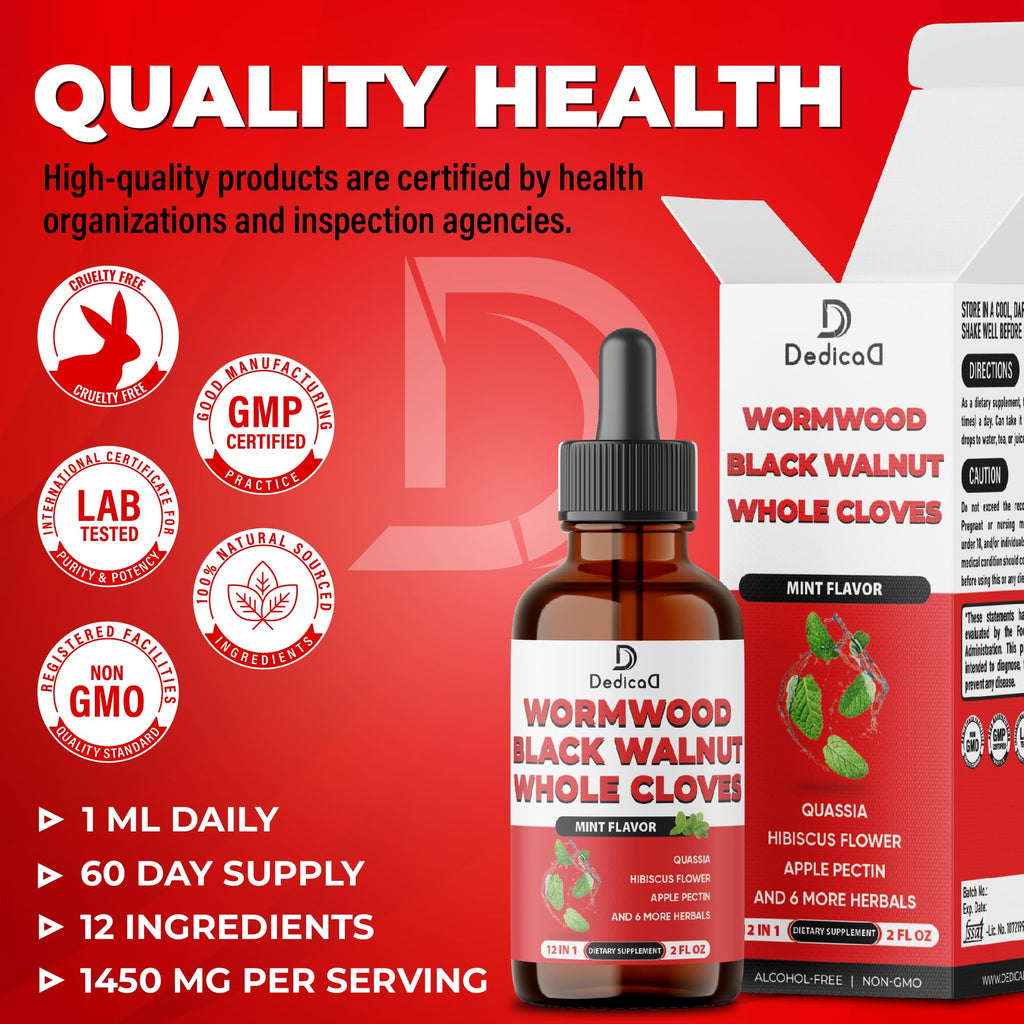 DEDICAD 12in1 Wormwood Liquid Drops Added Black Walnut, Whole Cloves and 9 More Herbs - 2 Fl Oz - 60 Days Supply - Mint Flavor DEDICAD buy supplements Au