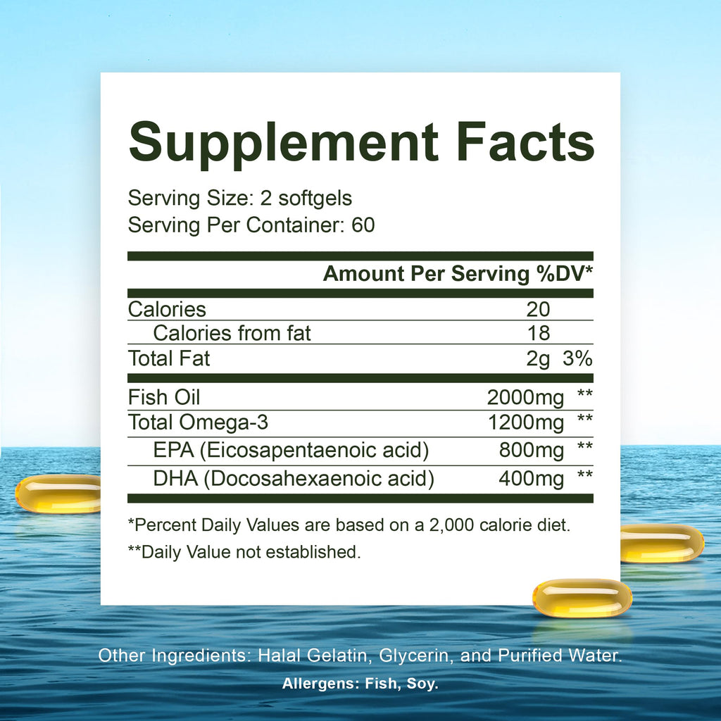 Noor Vitamins Halal Fish Oil, Halal Vitamins, Ultra Omega 3 Wild Peruvian Fish (800 mg EPA & 400 mg DHA) Heart, Brain & Joint Support, Non-GMO and Gluten Free (120 Count) Noor Vitamins buy supplements Au