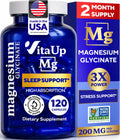 VitaUp Magnesium Glycinate 200mg - USA Made, Highly Absorbed, Non-GMO Magnesium for Relaxation, Deep Sleep, Bones & Heart -