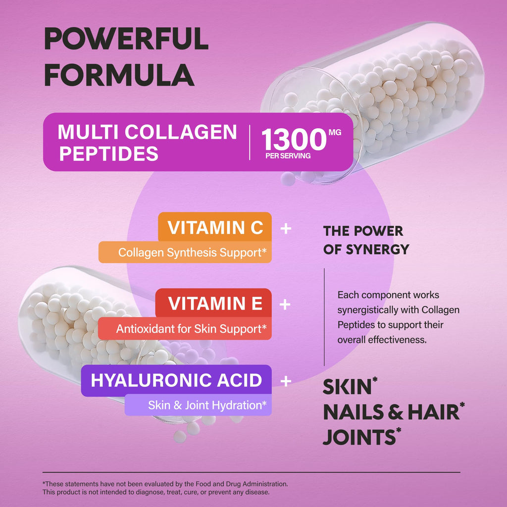 Multi Collagen Peptides - Hydrolyzed Types I, II, III, V & X - Collagen Supplement for Women 1300mg - w/ Hyaluronic Acid, Vitamins C & E - Skin, Hair, Nails & Joint Support - Made in USA, 120 Capsules NUTRAHARMONY buy supplements Au