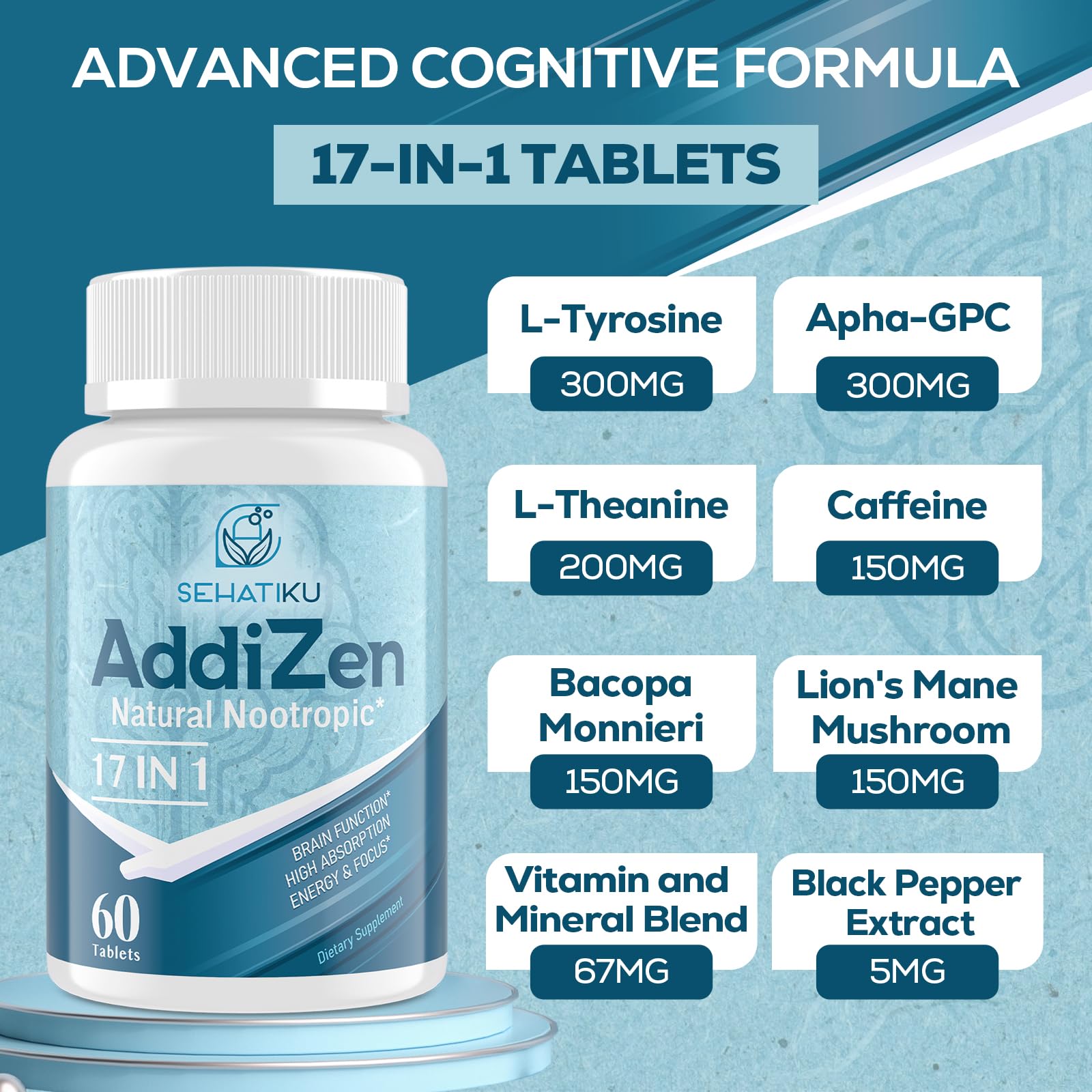 17-in-1 Brain Supplement for Memory and Focus | Natural Nootropics Brain Supplement for Brain Cognition, Energy | High Absorption | L-Theanine, Phytonutrient Blend and Vitamins B6, B12 | 60 Tablets SehatiKuBuy Supplements Australia