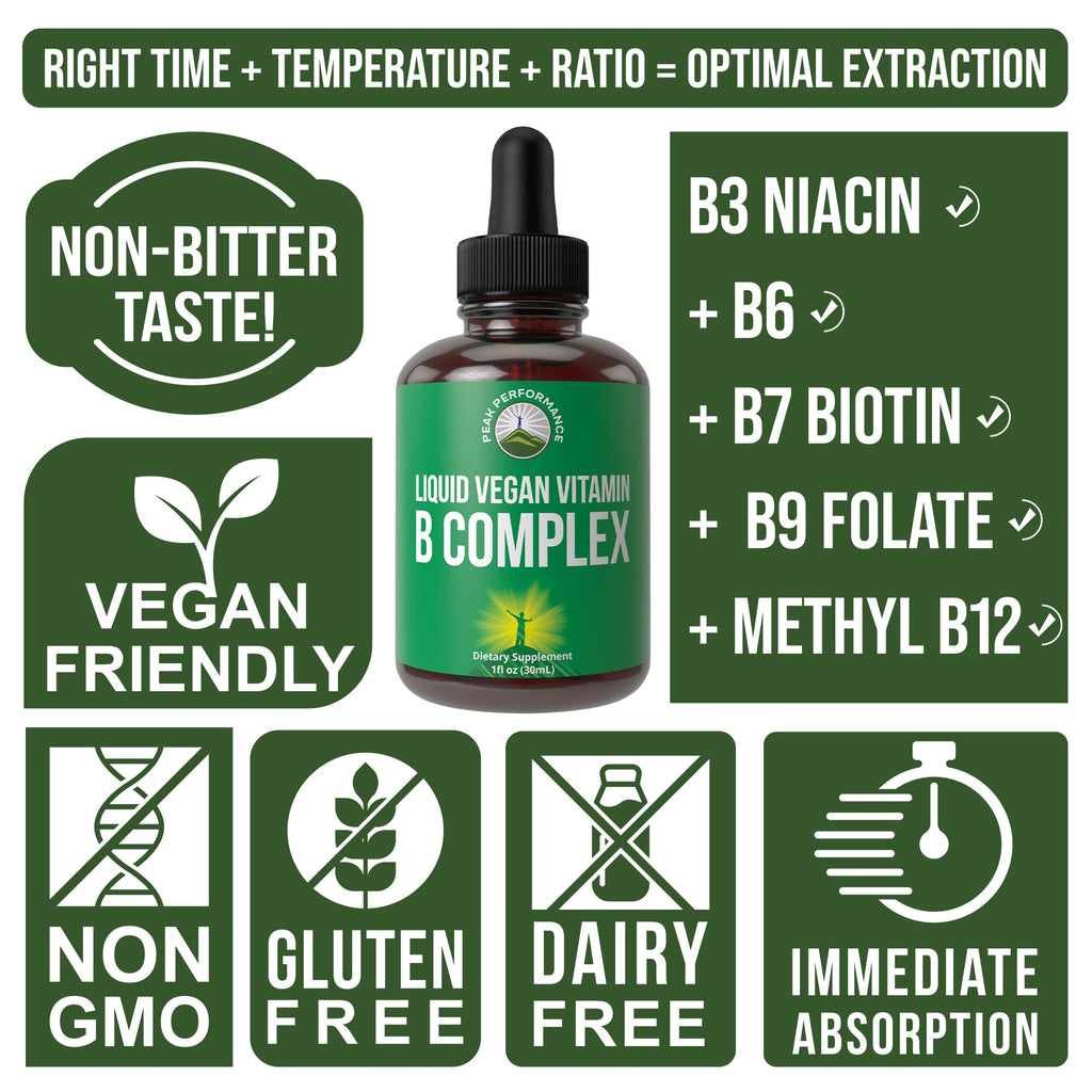 B Complex Liquid Drops Vegan Supplement. Best 5 B Vitamins with B3 Niacin, B6, B7 Biotin, B9 Folate, Methylcobalamin B12. B-Complex for Hair, Skin Nails, Energy. for Adults, Men, Women Peak PerformanceBuy Supplements Australia