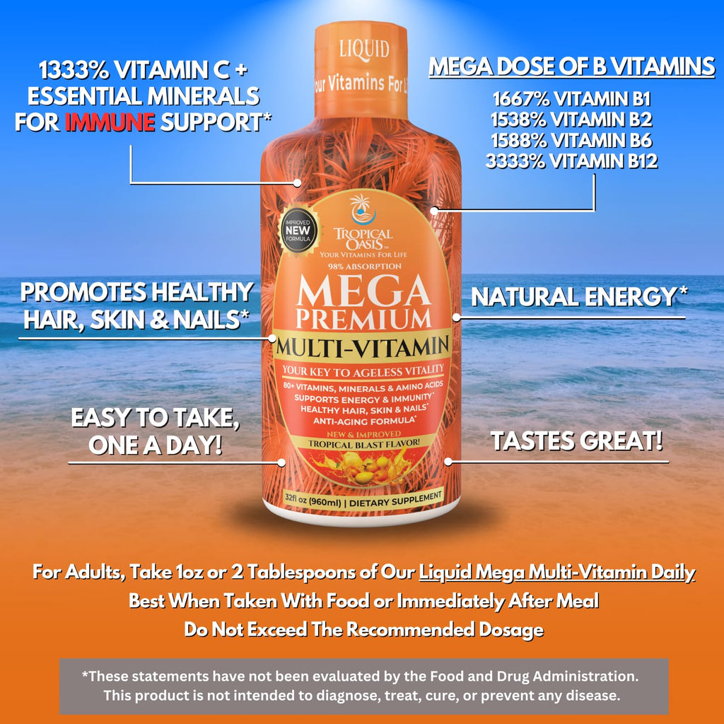 Mega Premium Liquid Multivitamin | Natural Immune Support Vitamin w/ 1333% Vitamin C, 200% D3, Zinc + 20 Vitamins, 70 Minerals, & 21 Amino Acids | Sugar Free