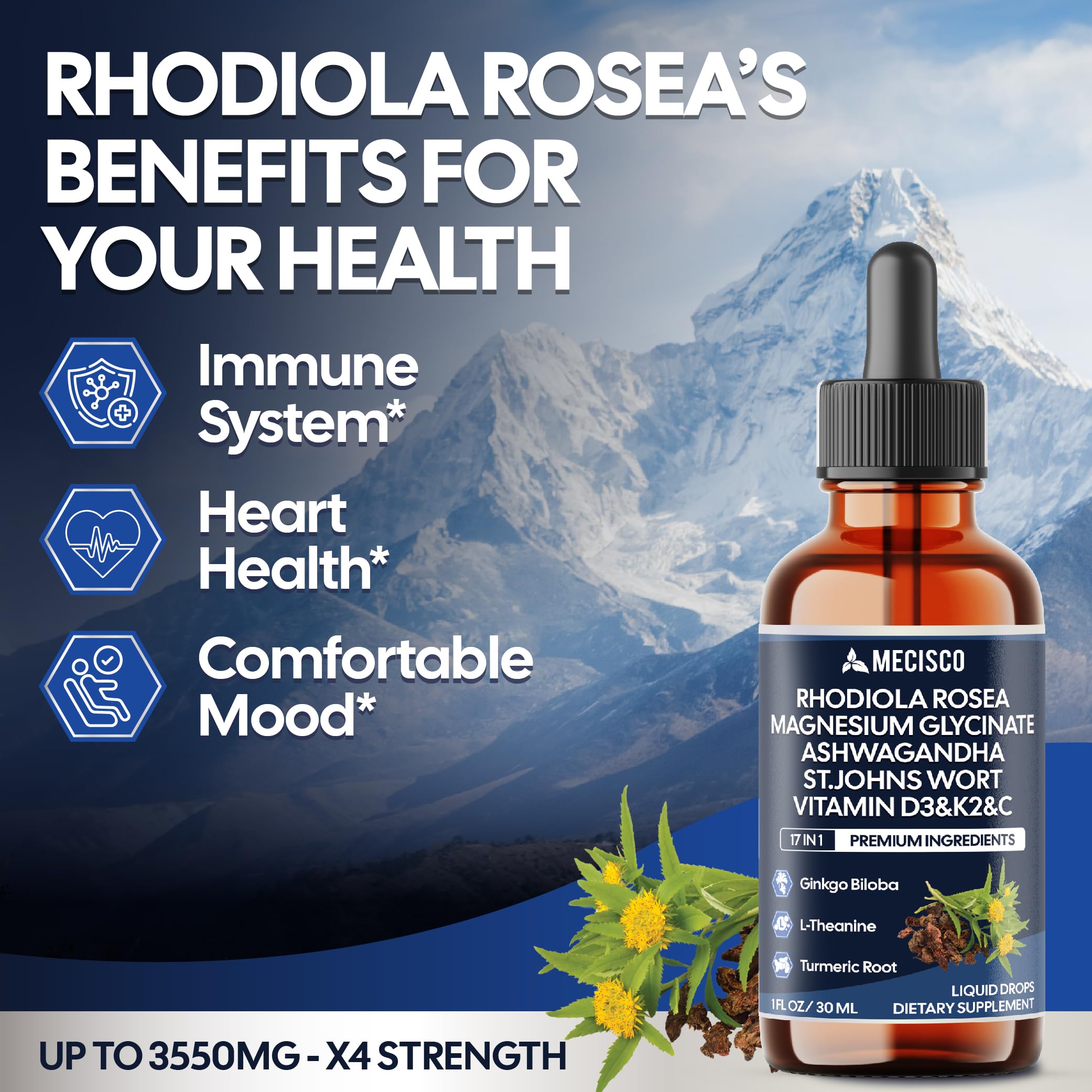17in1 Rhodiola Rosea Liquid Drops with blend Ashwagandha Magnesium, L-Theanine. Ultra Strength Rhodiola Cortisol Supplement, Rhodiola Root for Support Relaxation, Mood, Energy - 1 FL Oz - 60 Day MeciscoBuy Supplements Australia
