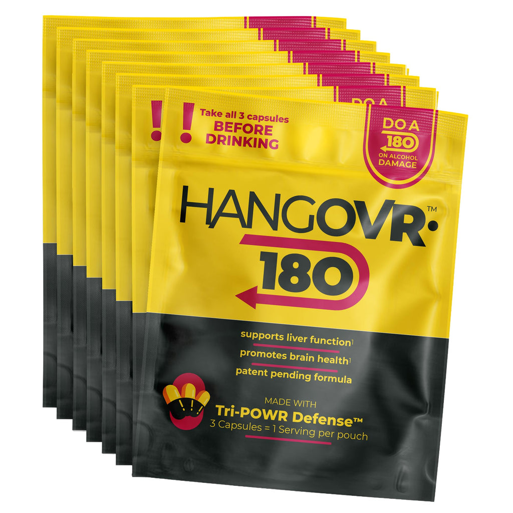 Hangovr 180 Tri-Power Before Drinking Defense 8 Pack - Support Liver & Brain Health, Feel Fresher & Better Energy - - Take Before Drinking for Relief, 3 Capsules per Pouch HANGOVR-180Buy Supplements Australia