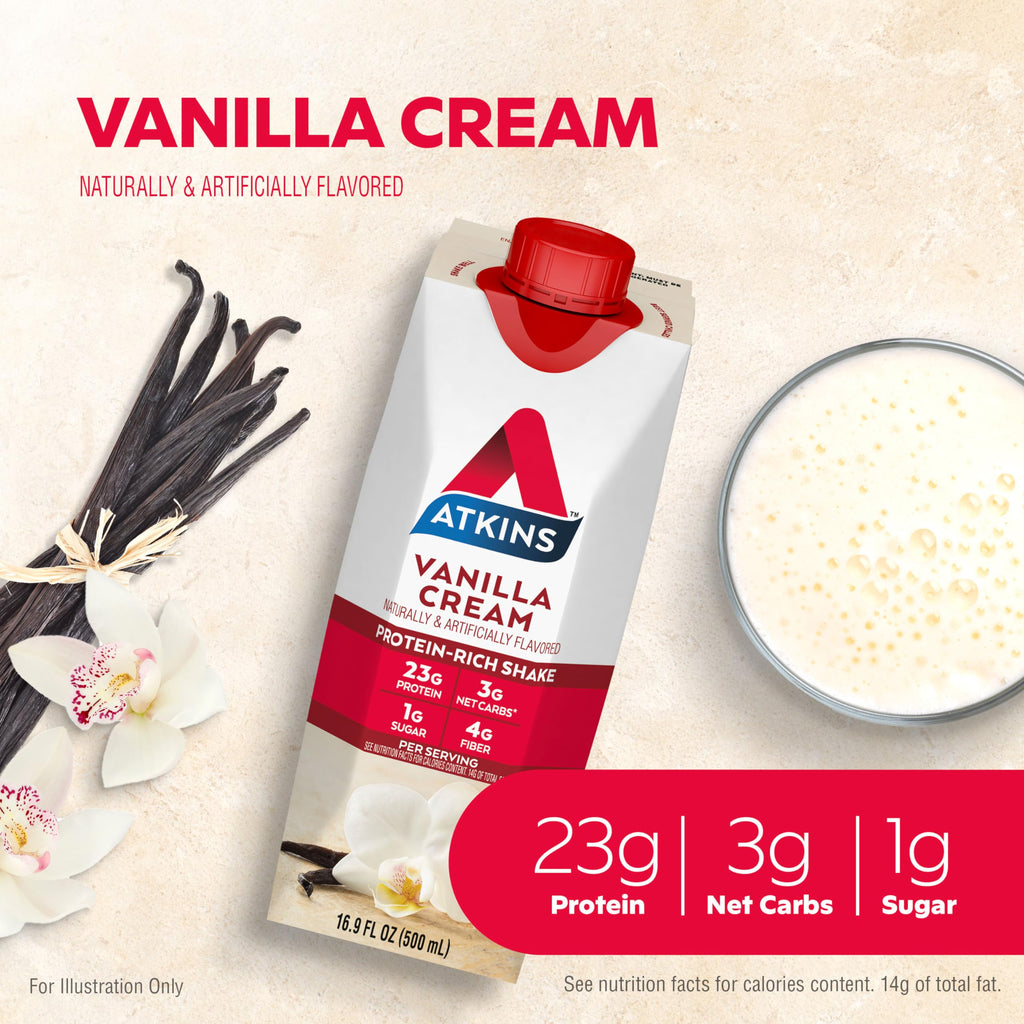 Atkins Vanilla Cream Meal Size Protein Shake, 23g Protein, Low Glycemic, 3g Carb AtkinsBuy Supplements Australia