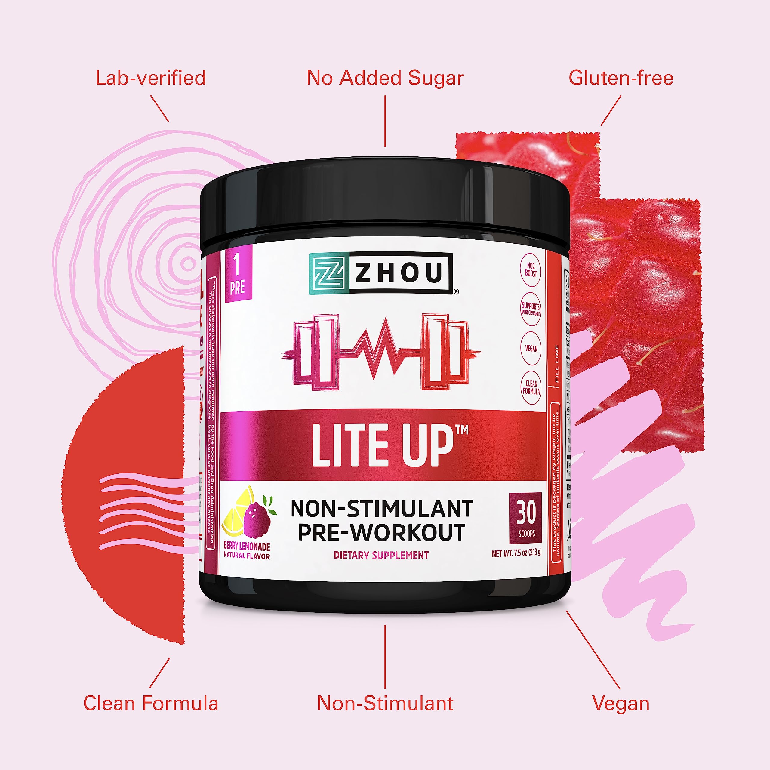 Zhou Nutrition Lite Up, Non-Stimulant Pre Workout Powder, Caffeine Free Nitric Oxide Zhou NutritionBuy Supplements Australia