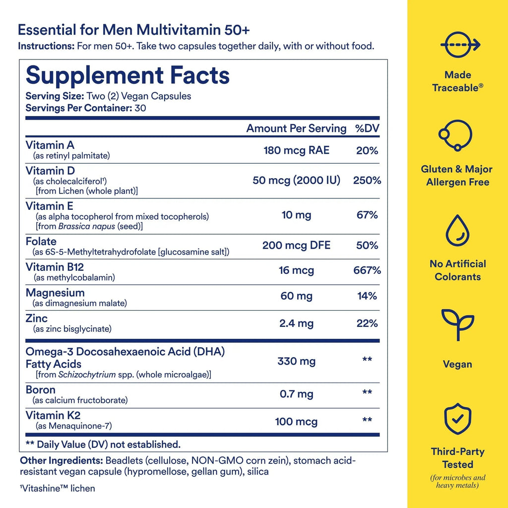 Ritual Multivitamin for Men 50+, Vegan, with Zinc, Vitamin A and D3 for Immune Function Support*, Omega-3 DHA, B12, K2 RitualBuy Supplements Australia