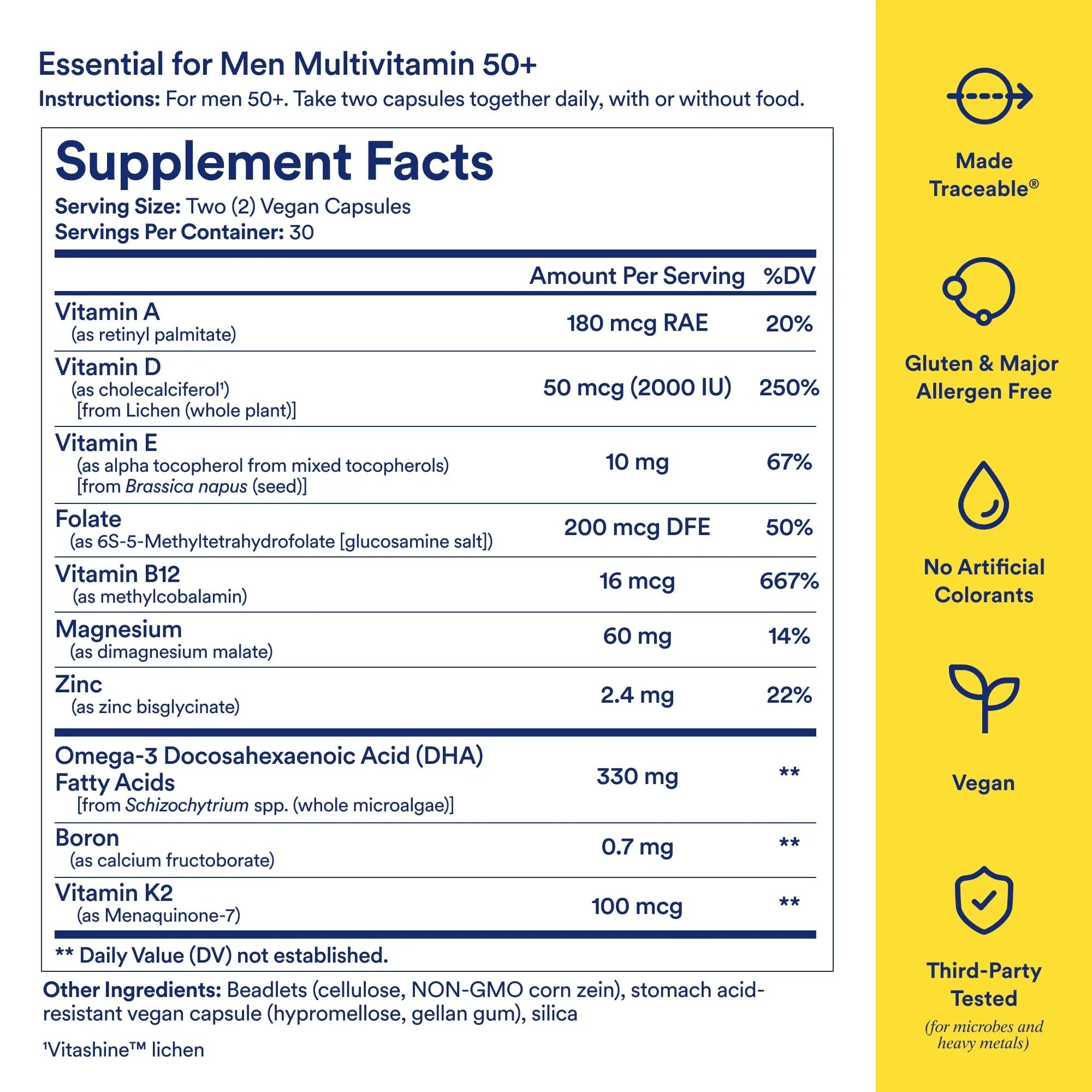 Ritual Multivitamin for Men 50+, Vegan, with Zinc, Vitamin A and D3 for Immune Function Support*, Omega-3 DHA, B12, K2 RitualBuy Supplements Australia