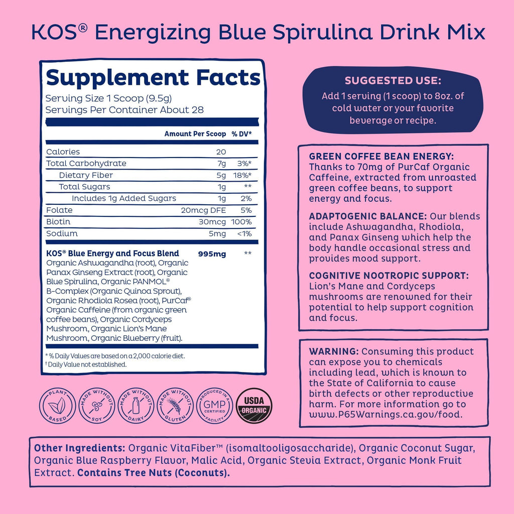 KOS Energizing Blue Spirulina Blend - USDA Certified Organic - B Vitamins, Ashwagandha, Ginseng, Adaptogens, Biotin - Vegan Pre Workout Powder - Caffeinated, Berry Flavored, 28 Servings KOS buy supplements Au