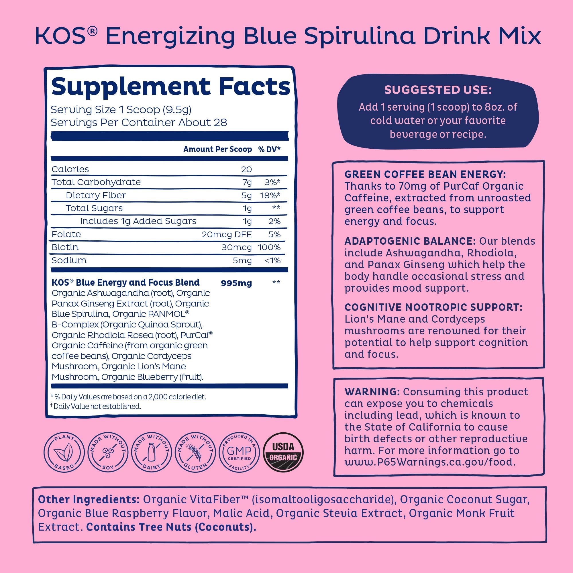 KOS Energizing Blue Spirulina Blend - USDA Certified Organic - B Vitamins, Ashwagandha, Ginseng, Adaptogens, Biotin - Vegan Pre Workout Powder - Caffeinated, Berry Flavored, 28 Servings KOS buy supplements Au