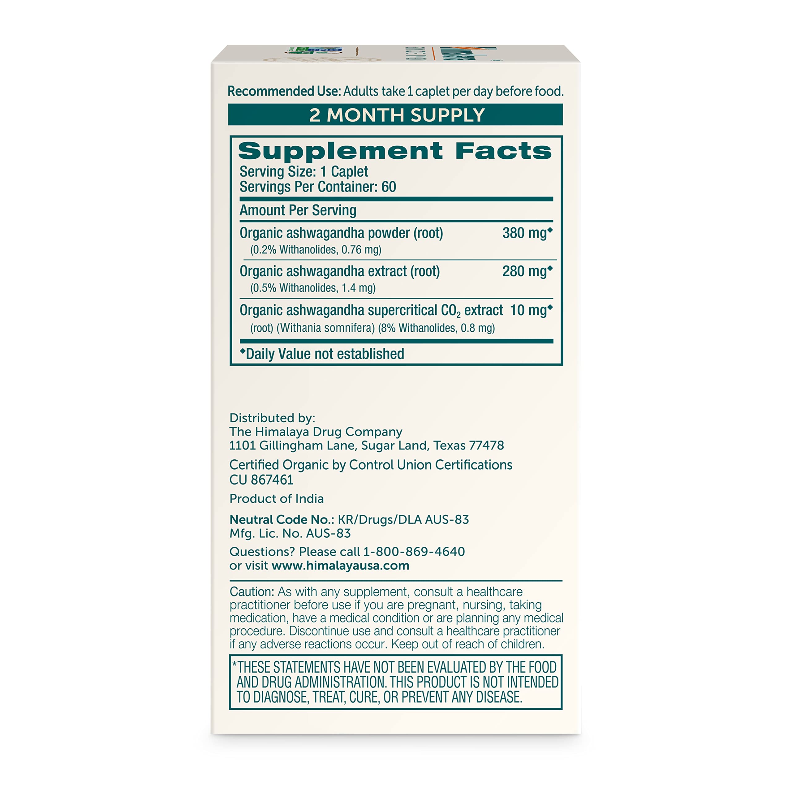 Himalaya Organic Ashwagandha Root - Adrenal Support, Stress Relief, Vegan, Non-GMO - 670 mg, 60 Caplets HimalayaBuy Supplements Australia