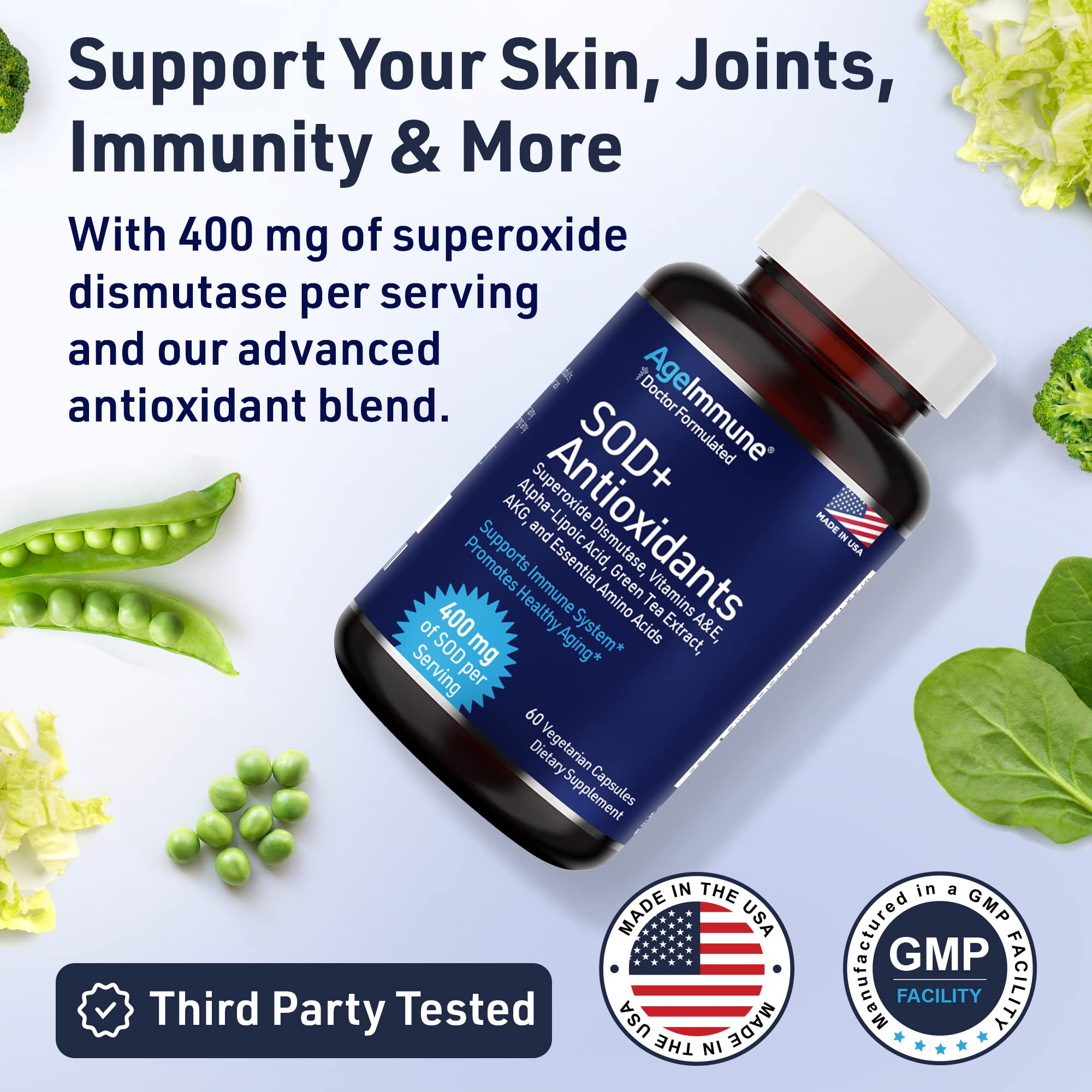 SOD Antioxidants Complex Healthy Aging Supplement - 400mg of Superoxide Dismutase - Alpha Lipoic Acid - L-Arginine -Lysine - AKG - Vitamin A - Vitamin E for Immune Support-60 Capsules AgeImmuneBuy Supplements Australia