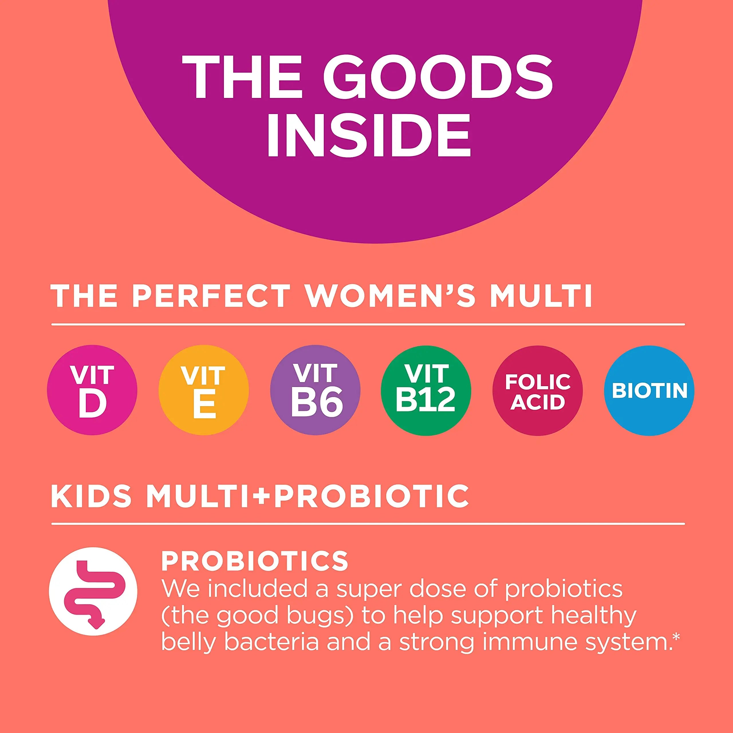 OLLY Gift, Family 2 Pack: Women's Multivitamin Gummy (90 Count), Kids Multivitamin + Probiotic Gummy (70 Count), Vitamins A, D, C, E, B, Chewable Supplement OLLY