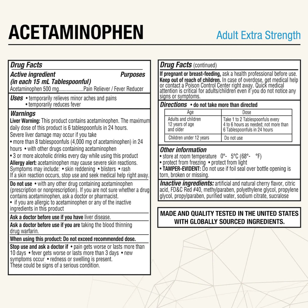 Puregen Labs Adult Extra Strength Acetaminophen Liquid 500mg/15ml - 8 fl oz Rapid Burst Pain Reliever/Fever Reducer, Cherry Flavor | Muscle & Joint Pain Relief | Arthritis Pain Relief P Puregen LabsBuy Supplements Australia