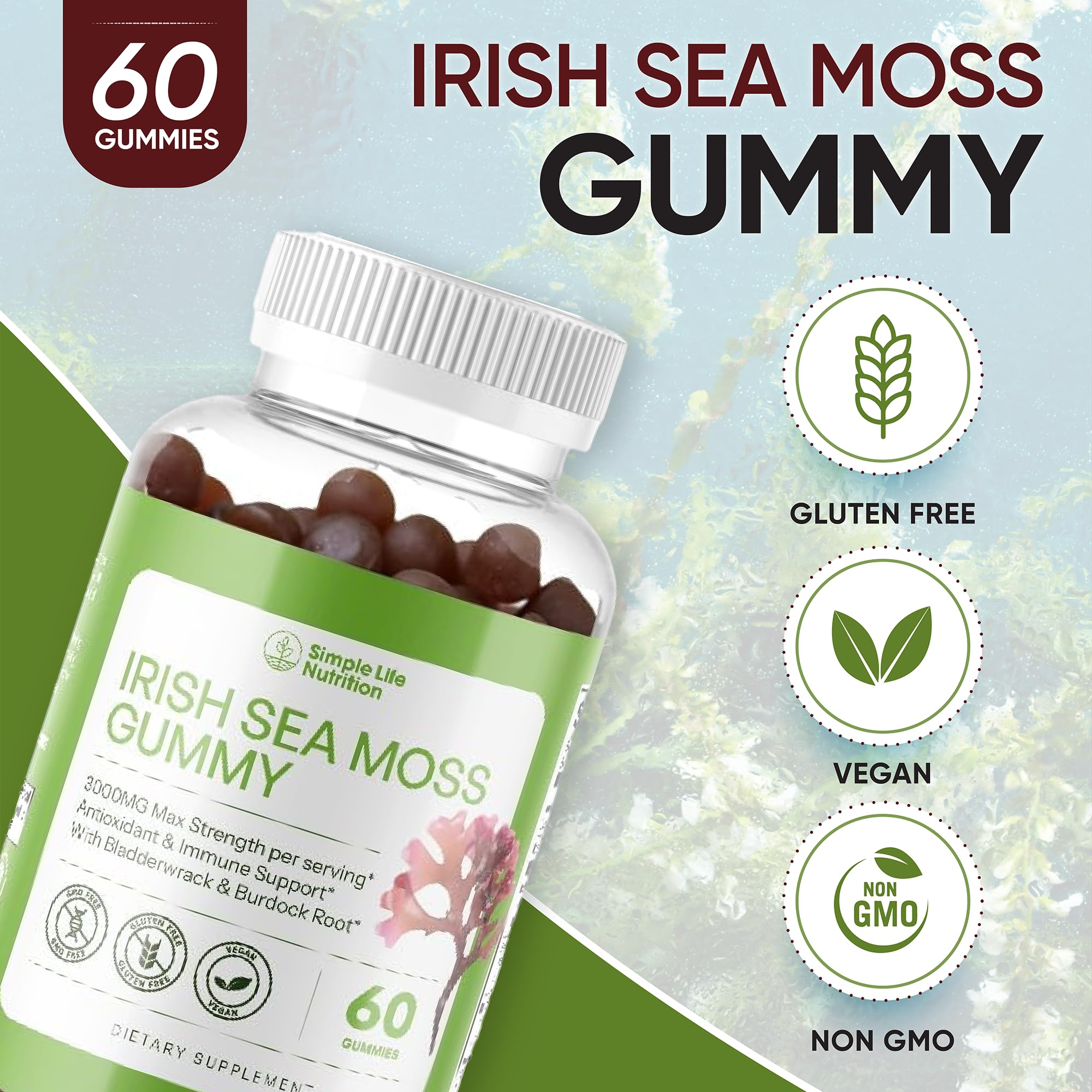 Simple Life Nutrition Organic Irish Sea Moss Gummies - Burdock Root and Bladderwrack Natural Blend - Immune System Gut Cleanse & Thyroid Supplement - Skin and Nail Health - 60CT Simple Life NutritionBuy Supplements Australia